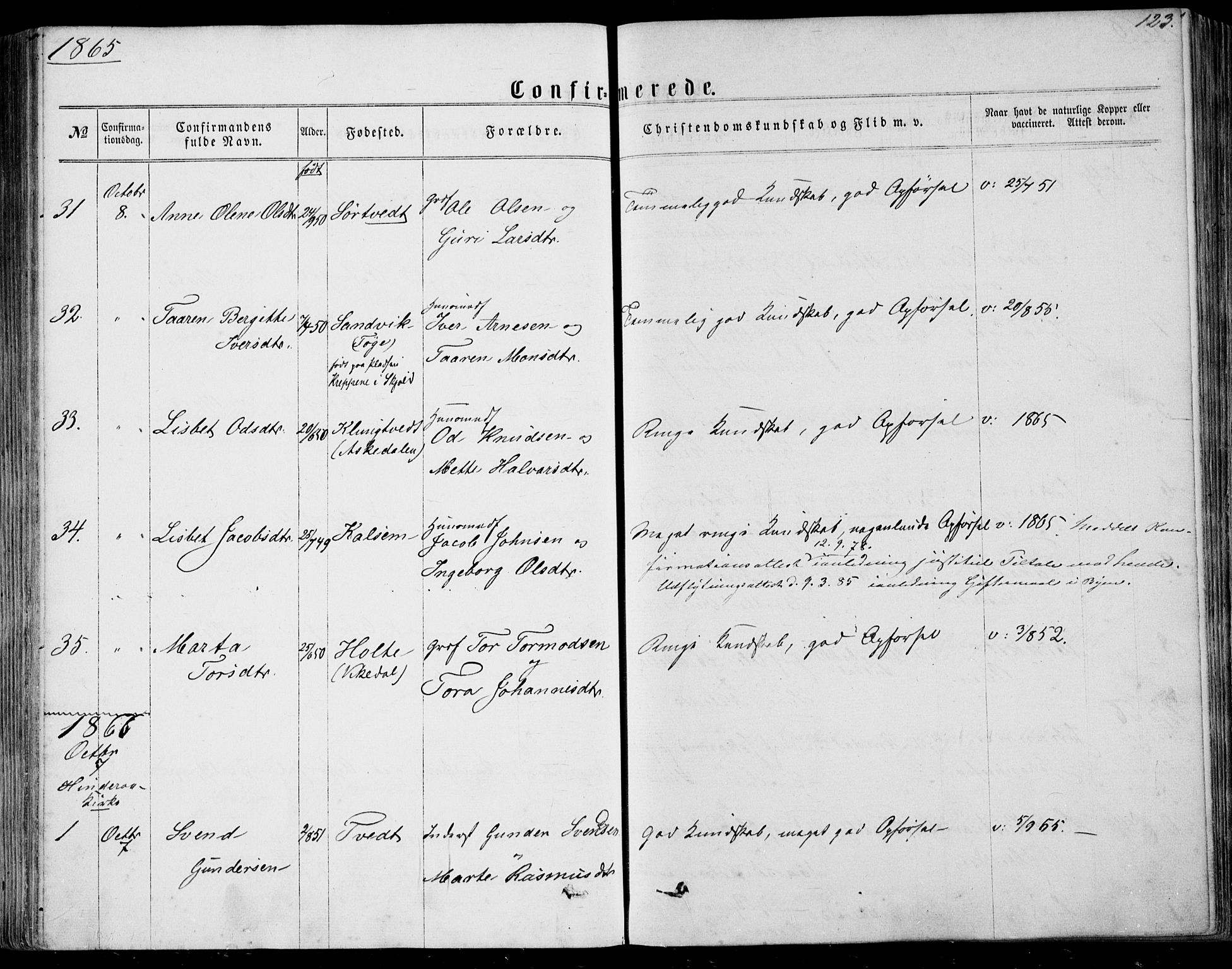 Nedstrand sokneprestkontor, AV/SAST-A-101841/01/IV: Parish register (official) no. A 9, 1861-1876, p. 123