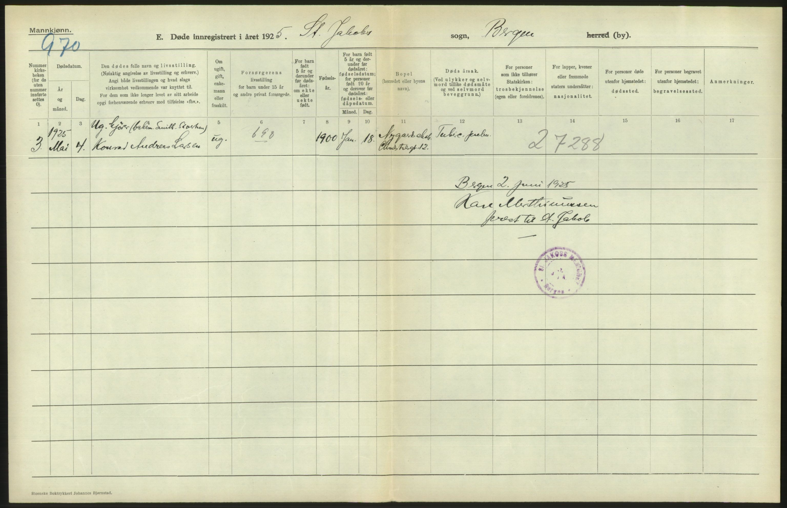 Statistisk sentralbyrå, Sosiodemografiske emner, Befolkning, AV/RA-S-2228/D/Df/Dfc/Dfce/L0029: Bergen: Gifte, døde., 1925, p. 484