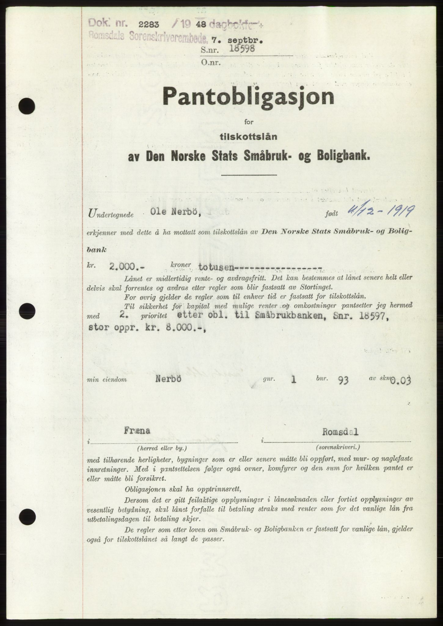 Romsdal sorenskriveri, AV/SAT-A-4149/1/2/2C: Mortgage book no. B4, 1948-1949, Diary no: : 2283/1948