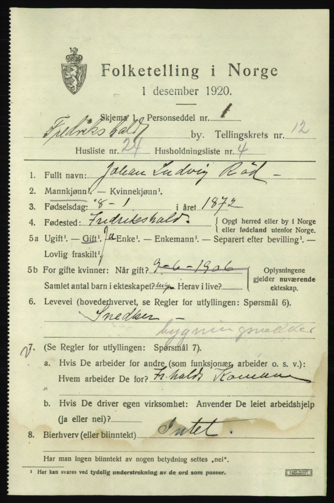 SAO, 1920 census for Fredrikshald, 1920, p. 20413