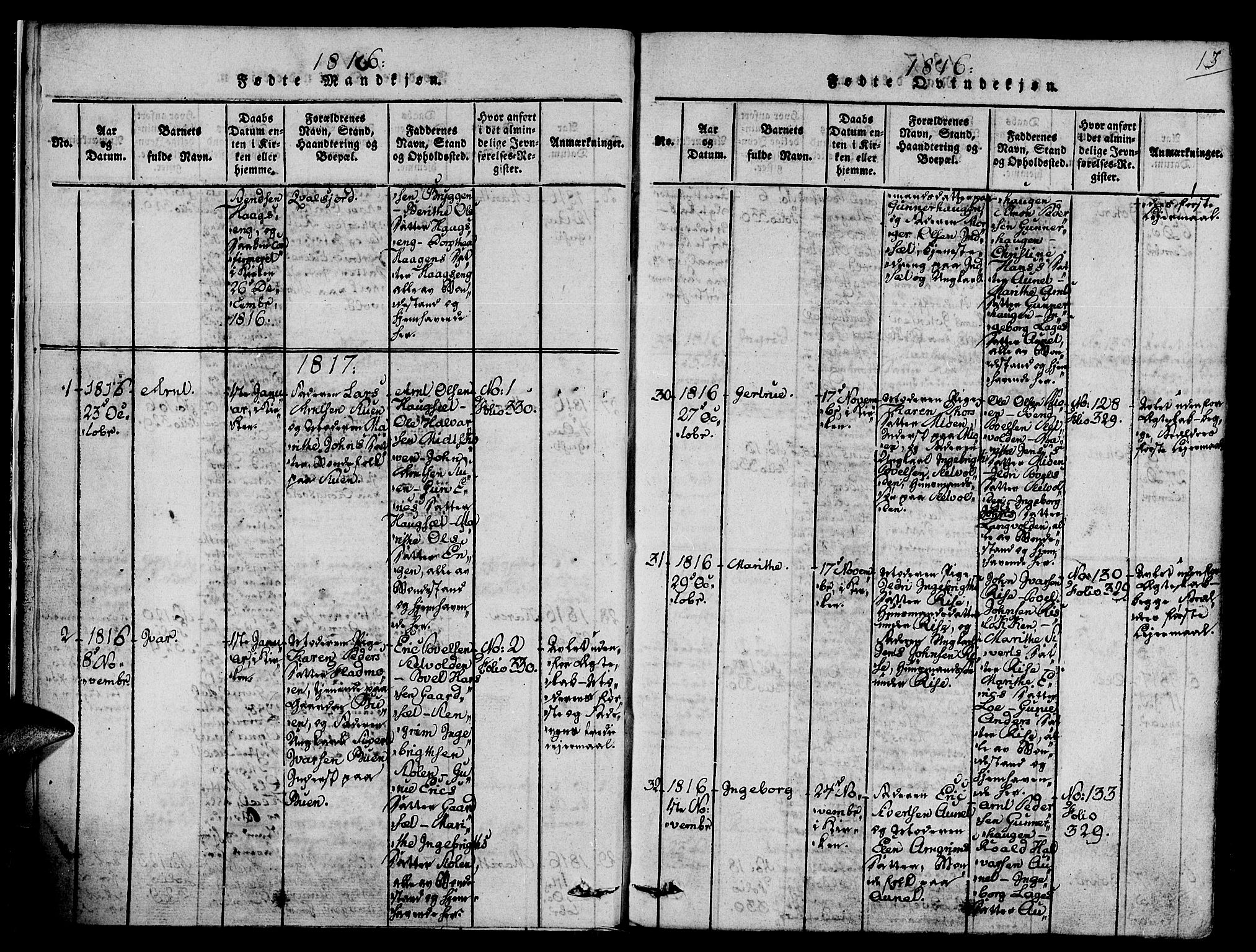 Ministerialprotokoller, klokkerbøker og fødselsregistre - Sør-Trøndelag, AV/SAT-A-1456/678/L0895: Parish register (official) no. 678A05 /1, 1816-1821, p. 13