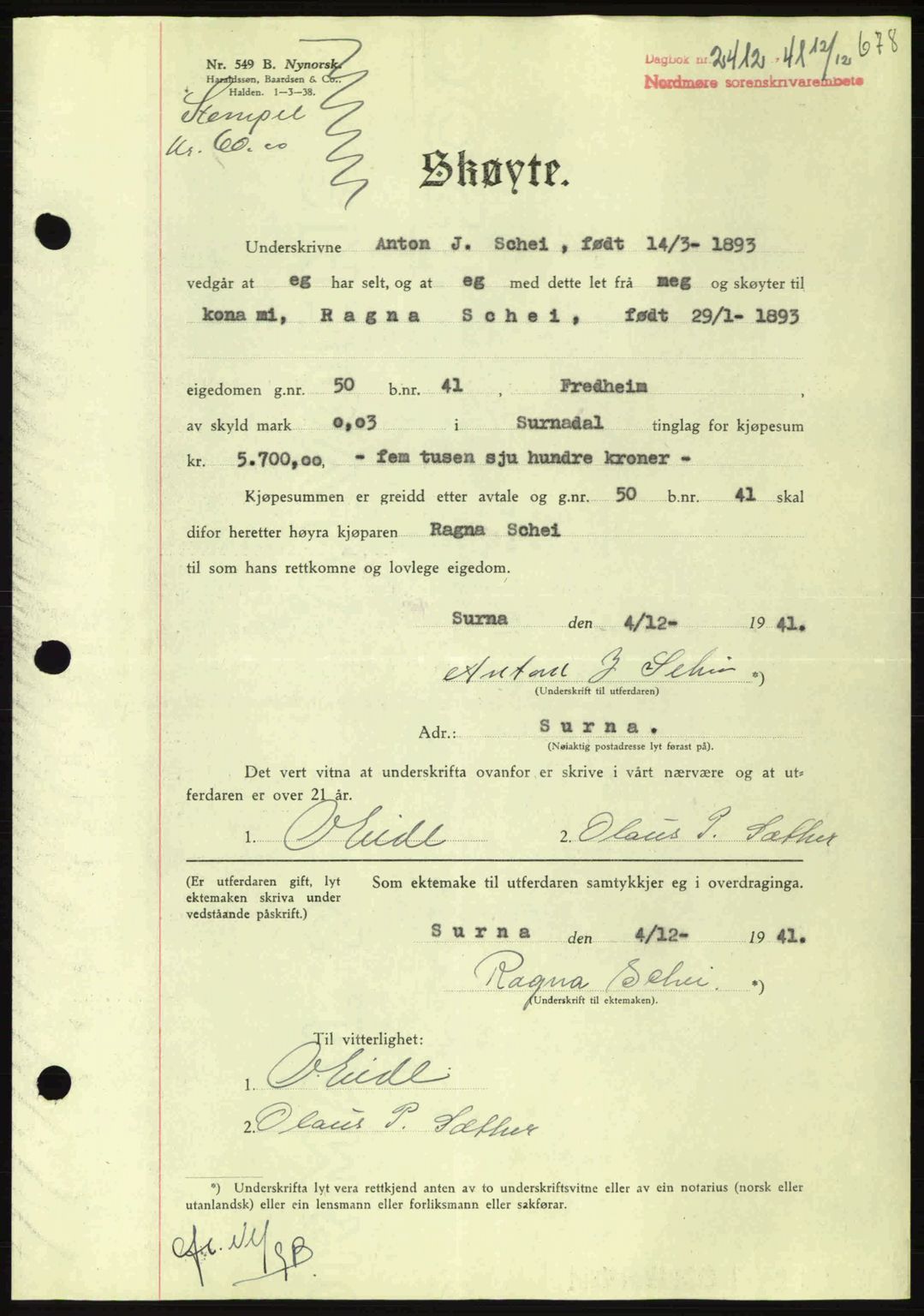 Nordmøre sorenskriveri, AV/SAT-A-4132/1/2/2Ca: Mortgage book no. A91, 1941-1942, Diary no: : 2412/1941