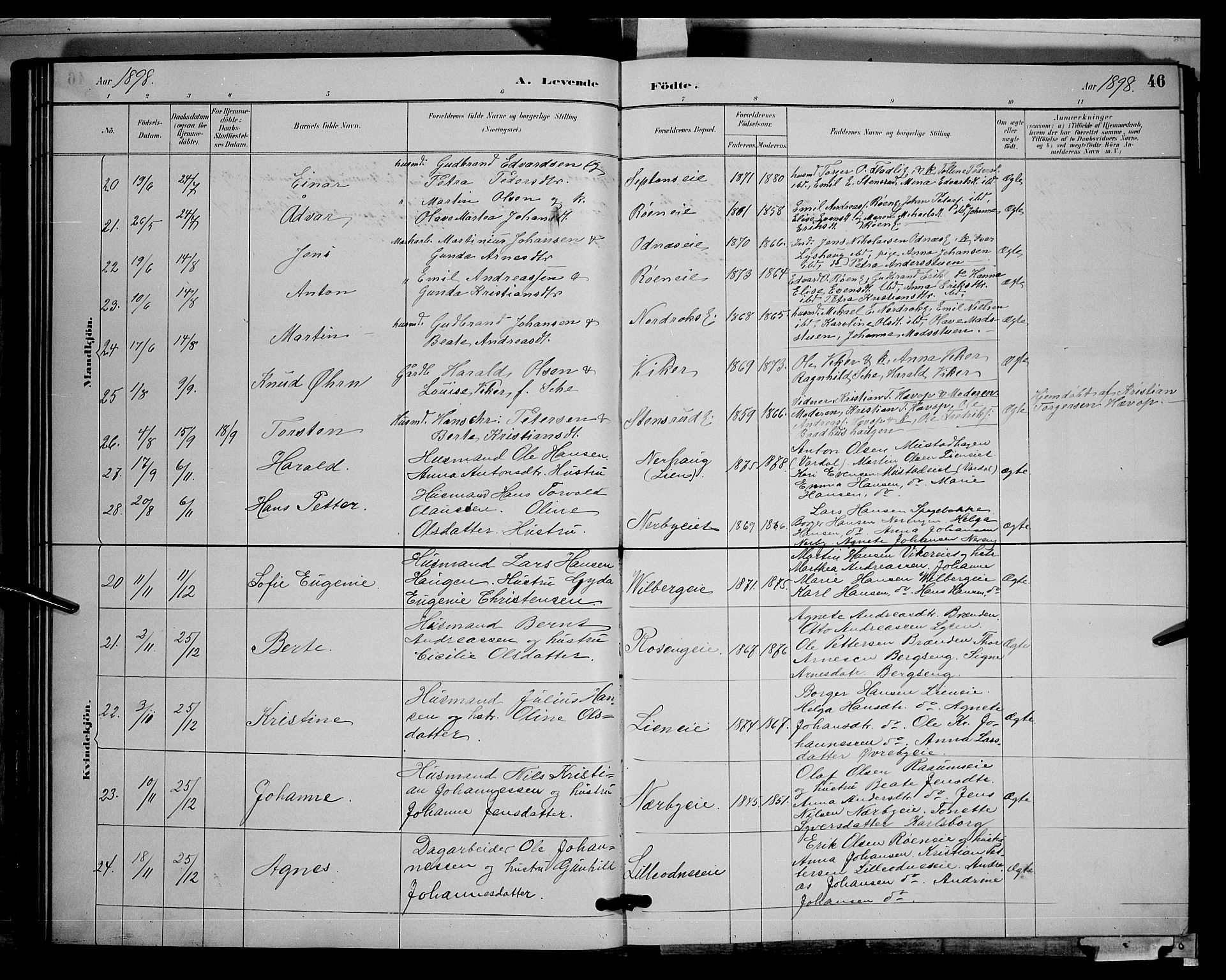 Søndre Land prestekontor, AV/SAH-PREST-122/L/L0003: Parish register (copy) no. 3, 1884-1902, p. 46