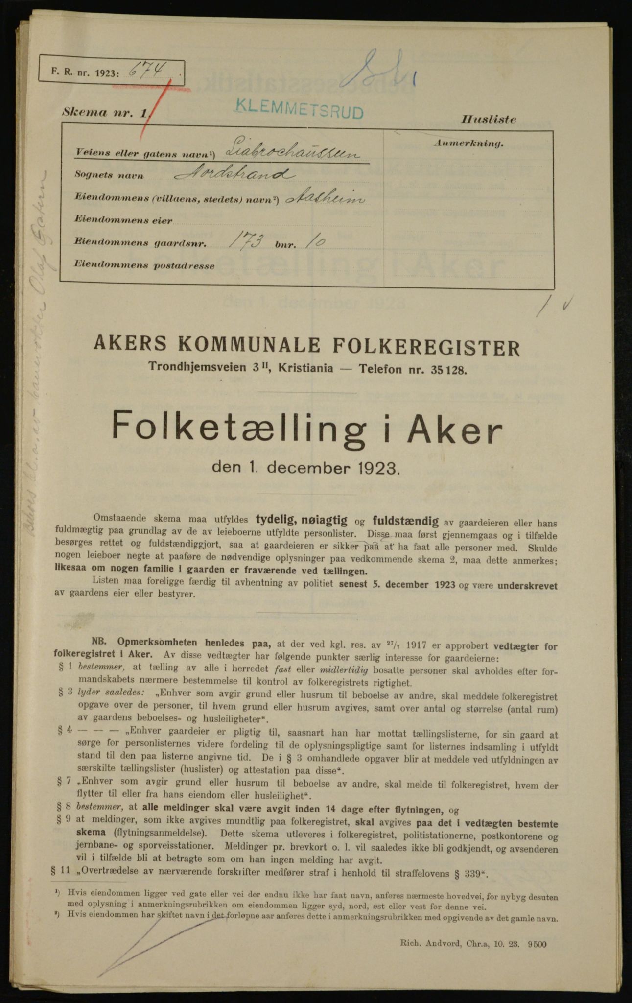 , Municipal Census 1923 for Aker, 1923, p. 40756