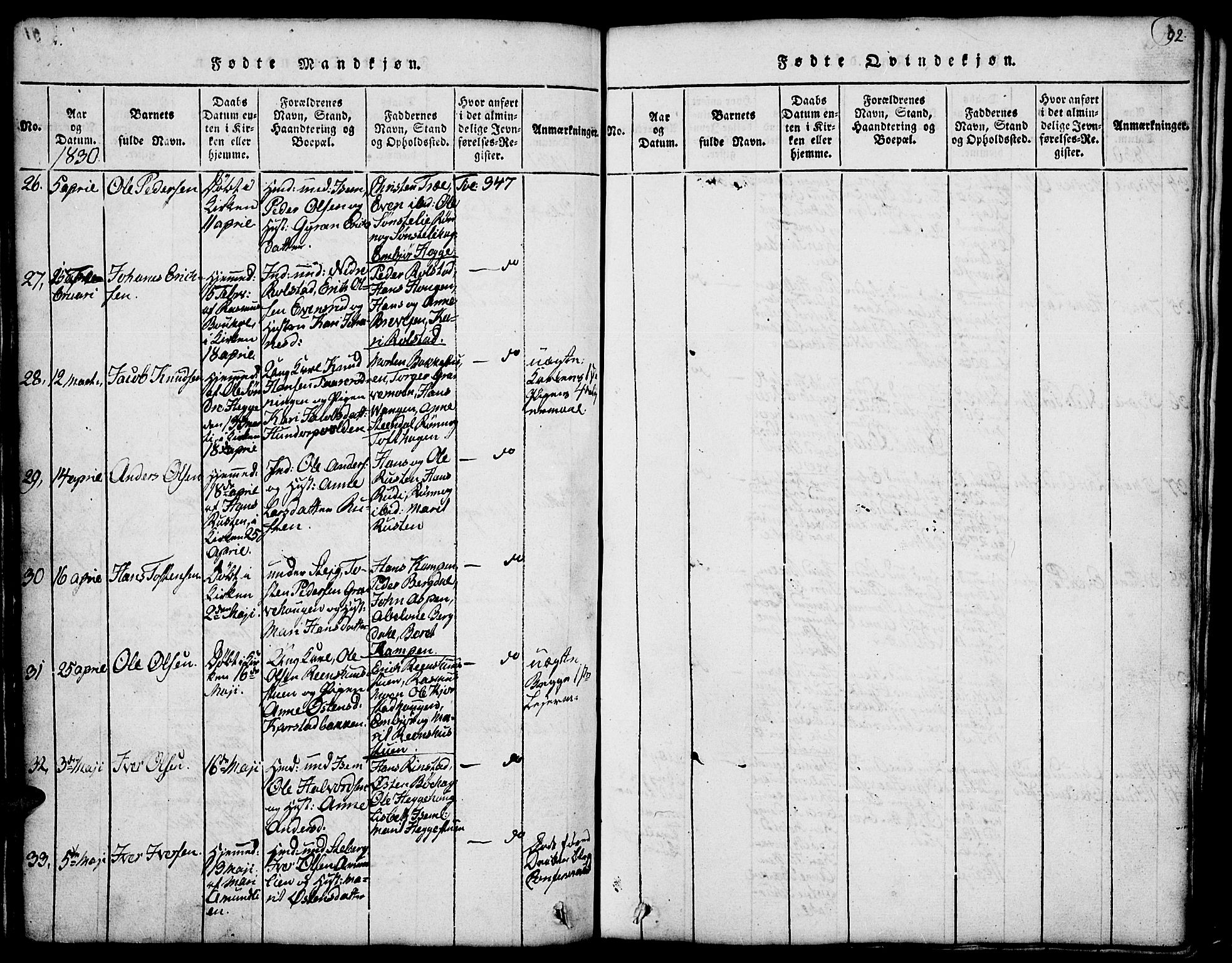 Fron prestekontor, SAH/PREST-078/H/Ha/Hab/L0001: Parish register (copy) no. 1, 1816-1843, p. 92