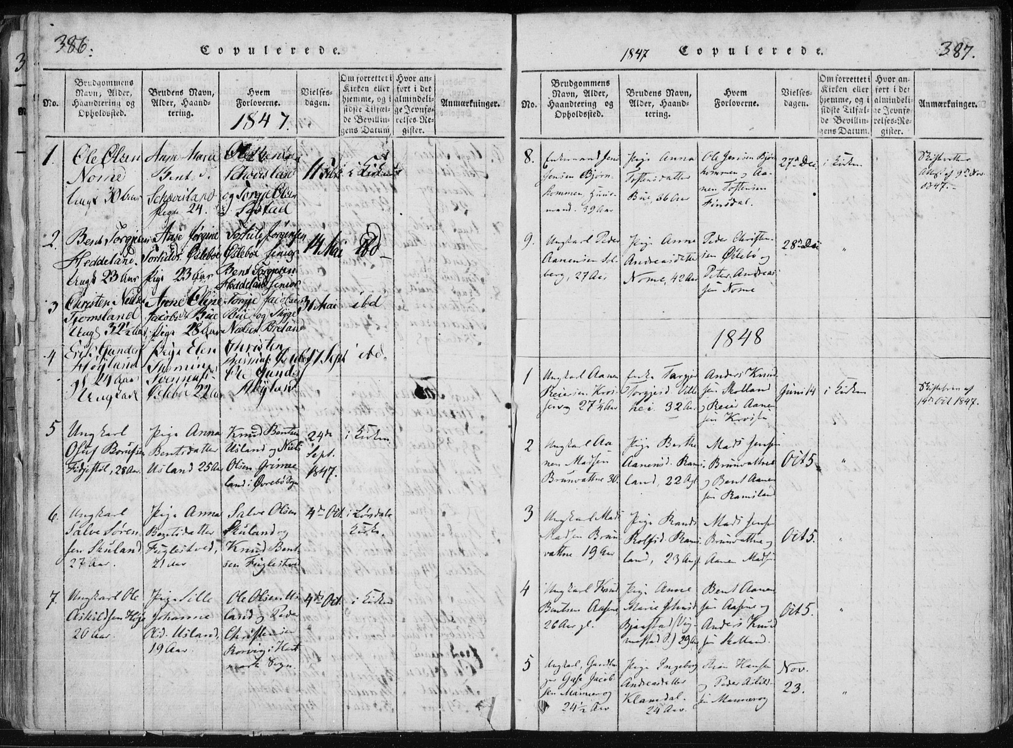 Holum sokneprestkontor, AV/SAK-1111-0022/F/Fa/Fac/L0002: Parish register (official) no. A 2, 1821-1859, p. 386-387