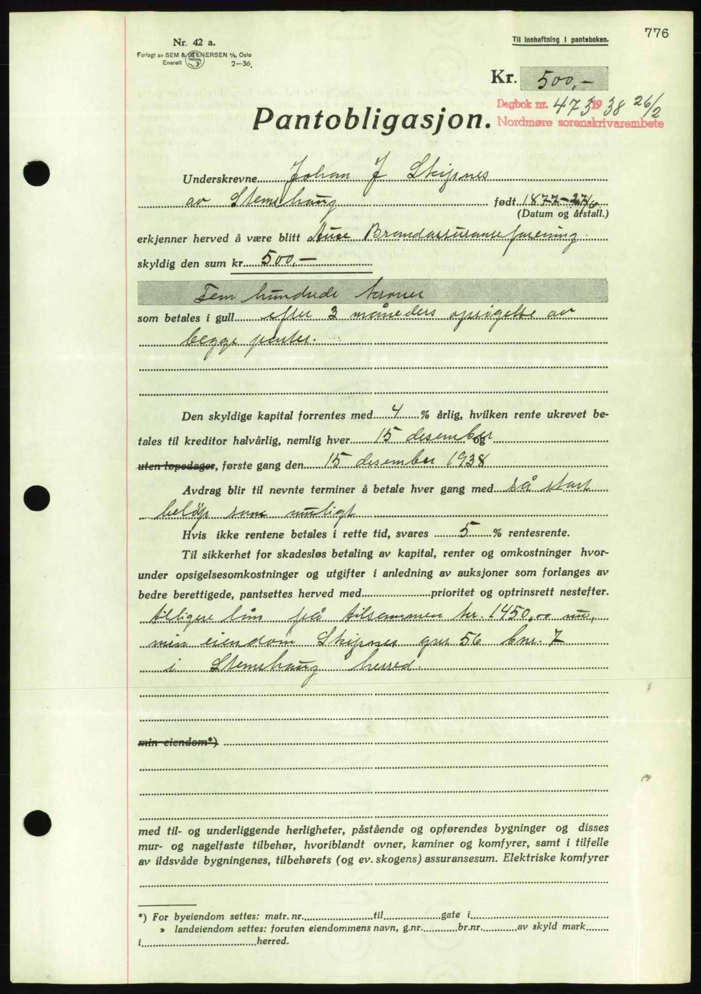 Nordmøre sorenskriveri, AV/SAT-A-4132/1/2/2Ca/L0092: Mortgage book no. B82, 1937-1938, Diary no: : 473/1938