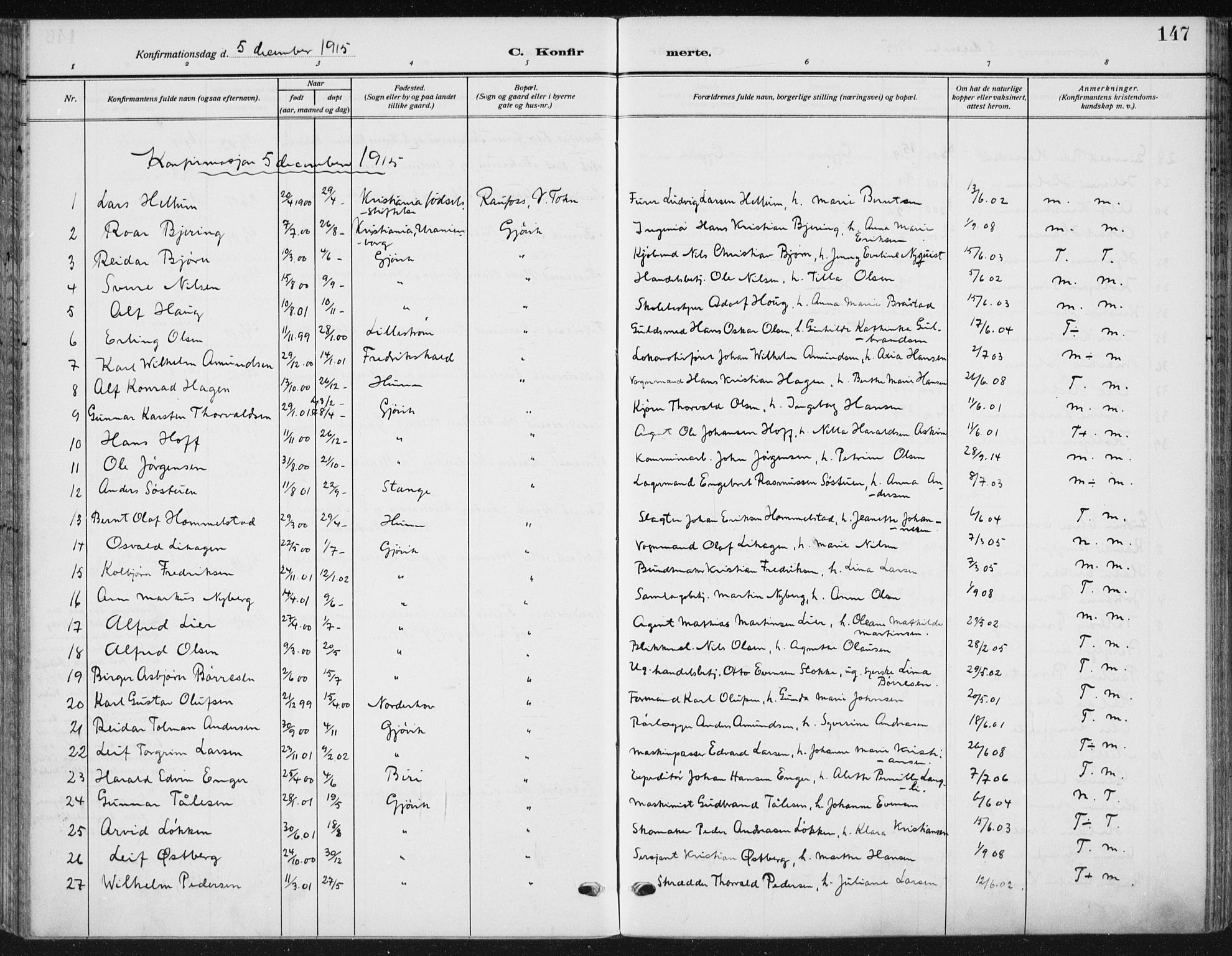 Vardal prestekontor, SAH/PREST-100/H/Ha/Haa/L0014: Parish register (official) no. 14, 1912-1922, p. 147