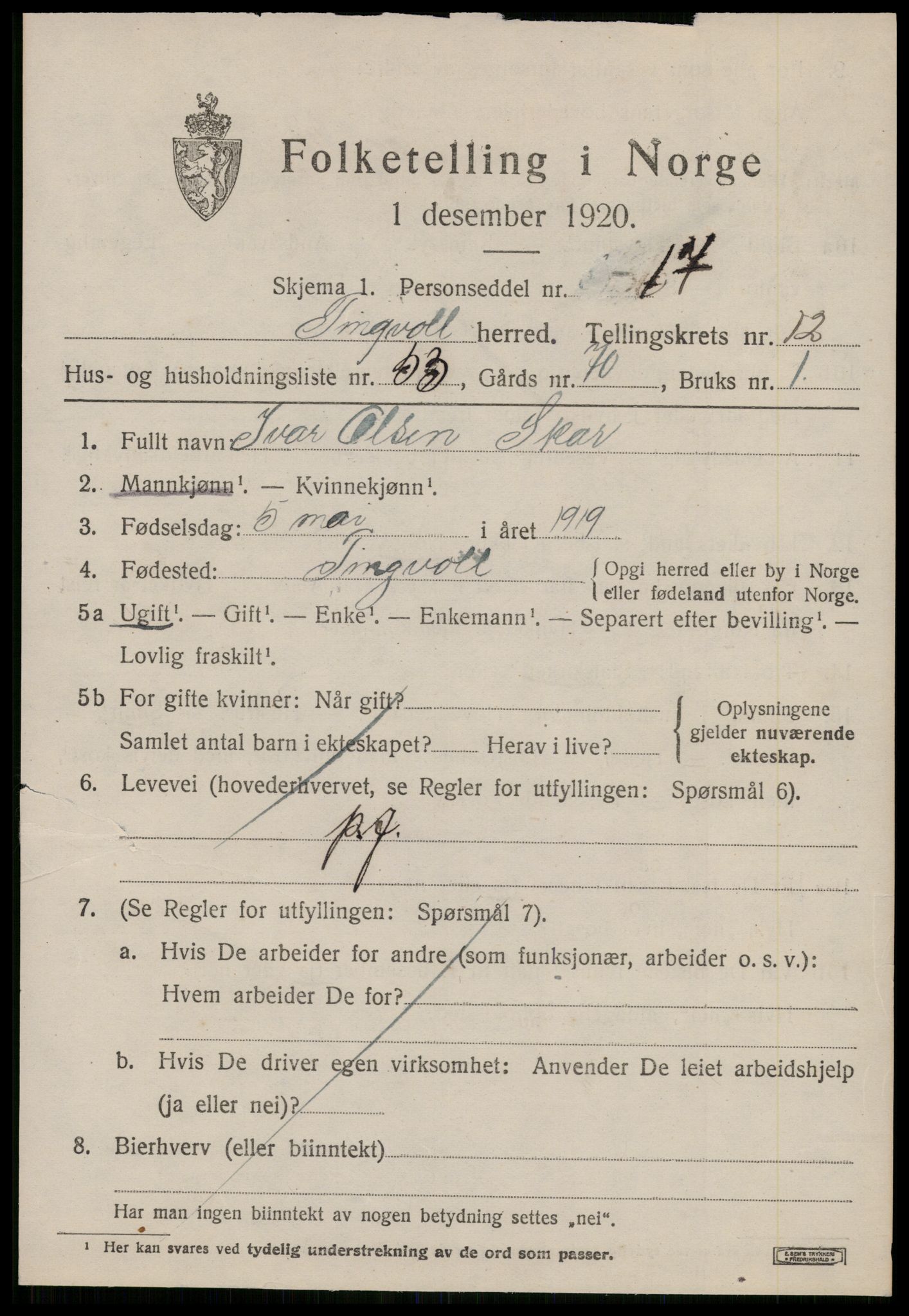 SAT, 1920 census for Tingvoll, 1920, p. 6792