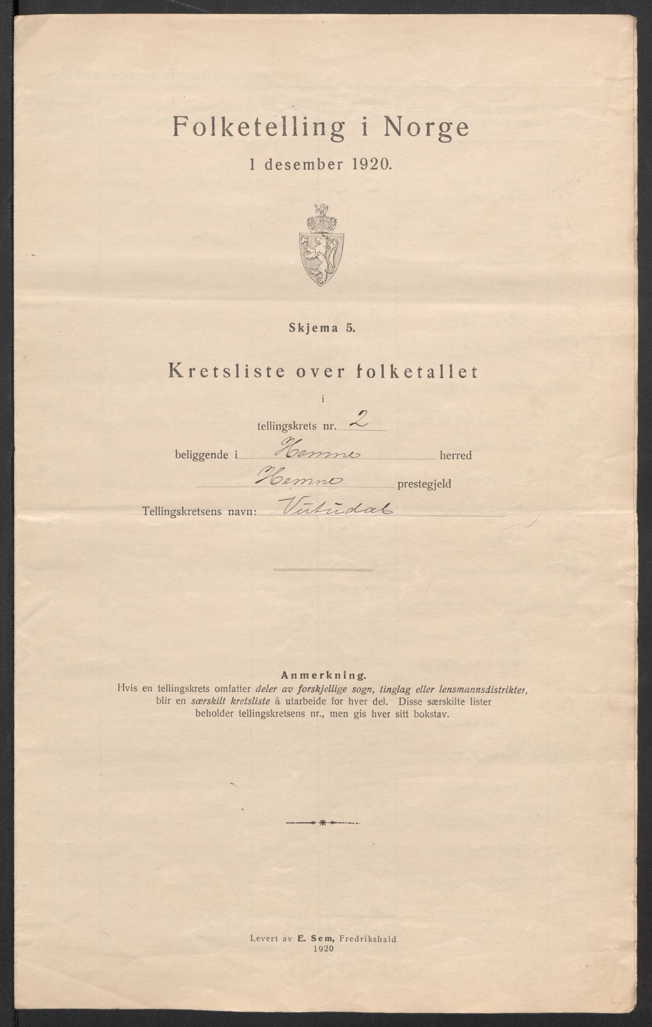 SAT, 1920 census for Hemne, 1920, p. 9