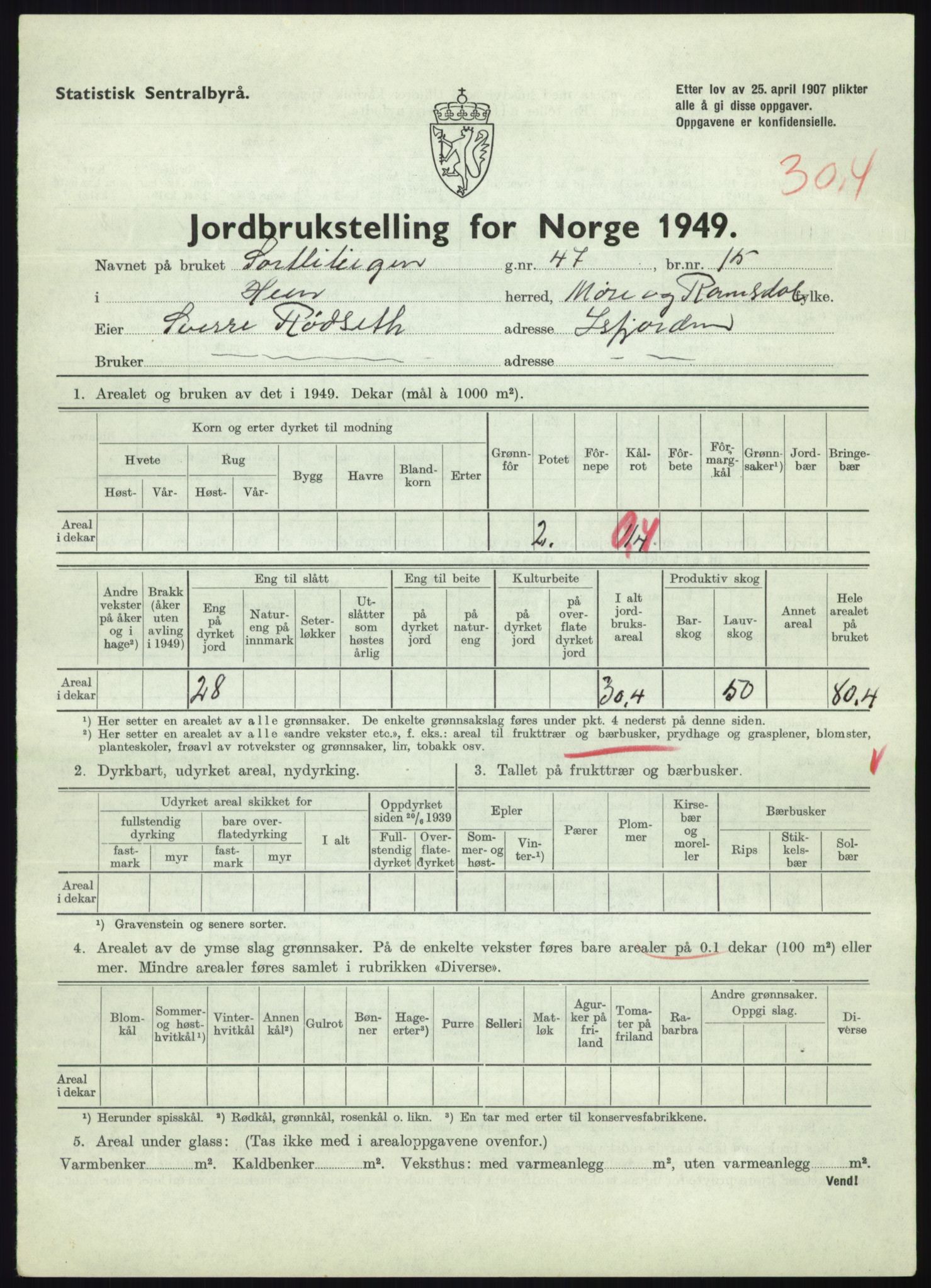 Statistisk sentralbyrå, Næringsøkonomiske emner, Jordbruk, skogbruk, jakt, fiske og fangst, AV/RA-S-2234/G/Gc/L0323: Møre og Romsdal: Grytten og Hen, 1949, p. 653