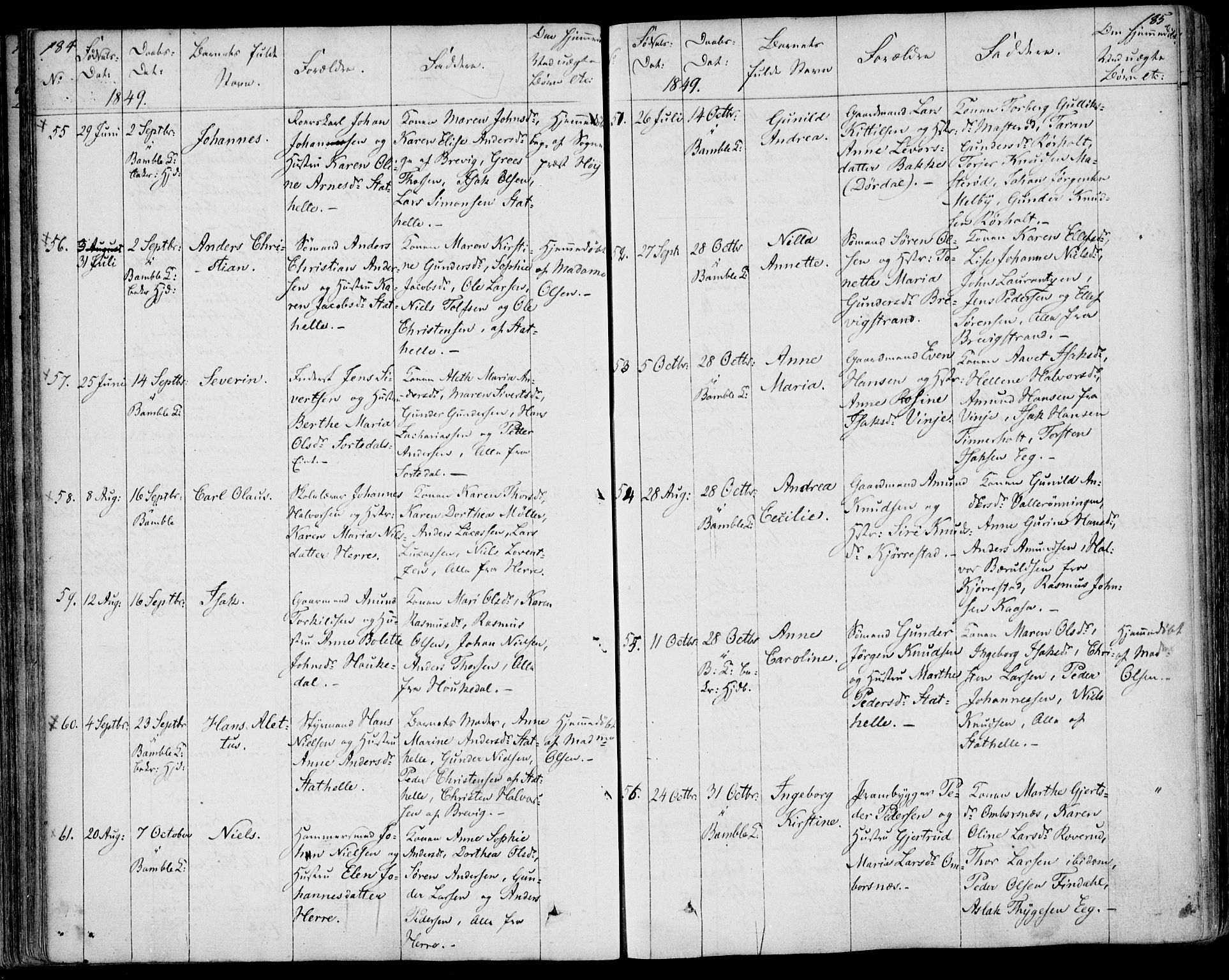 Bamble kirkebøker, AV/SAKO-A-253/F/Fa/L0004: Parish register (official) no. I 4, 1834-1853, p. 184-185