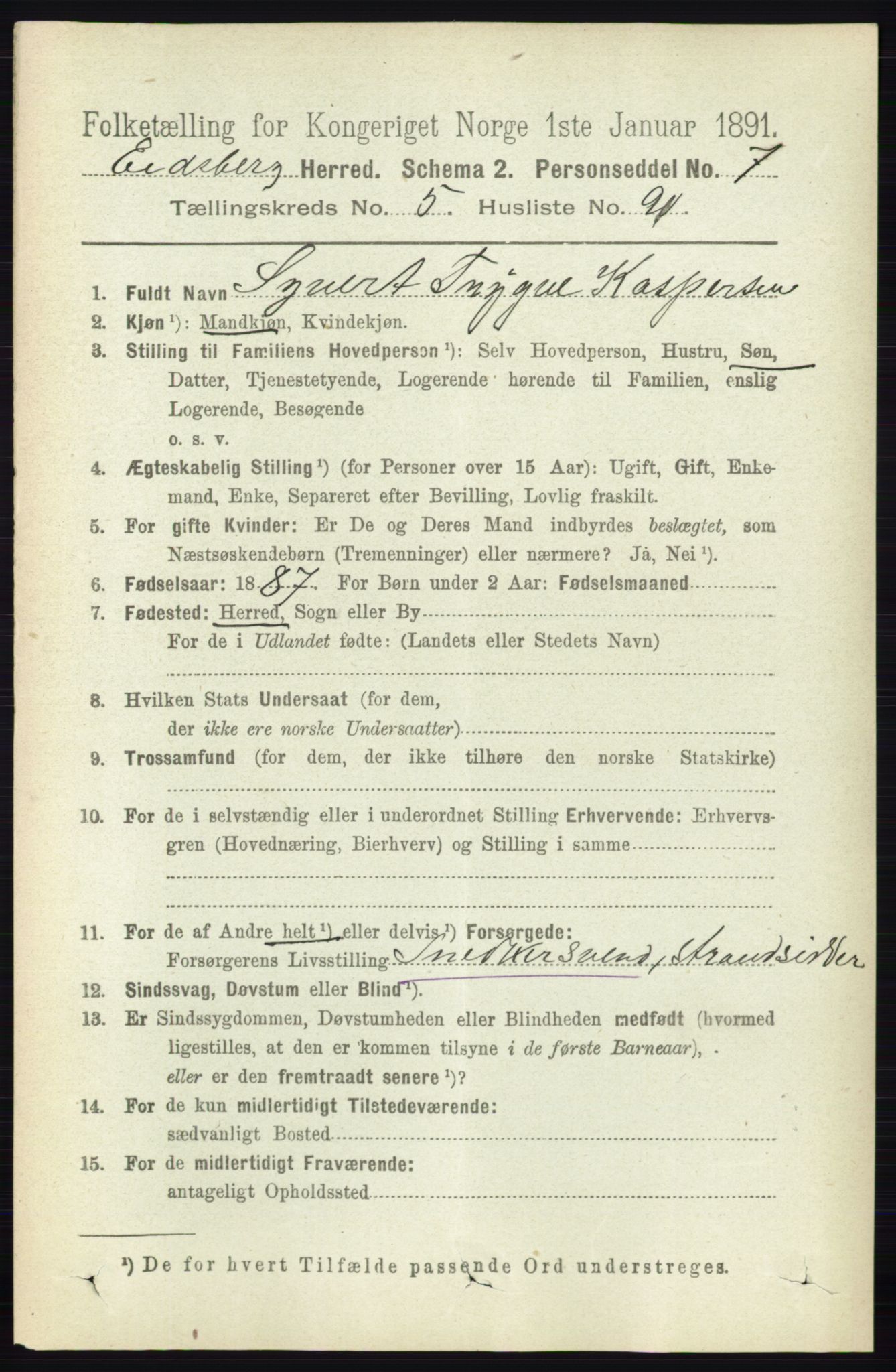 RA, 1891 census for 0125 Eidsberg, 1891, p. 3480