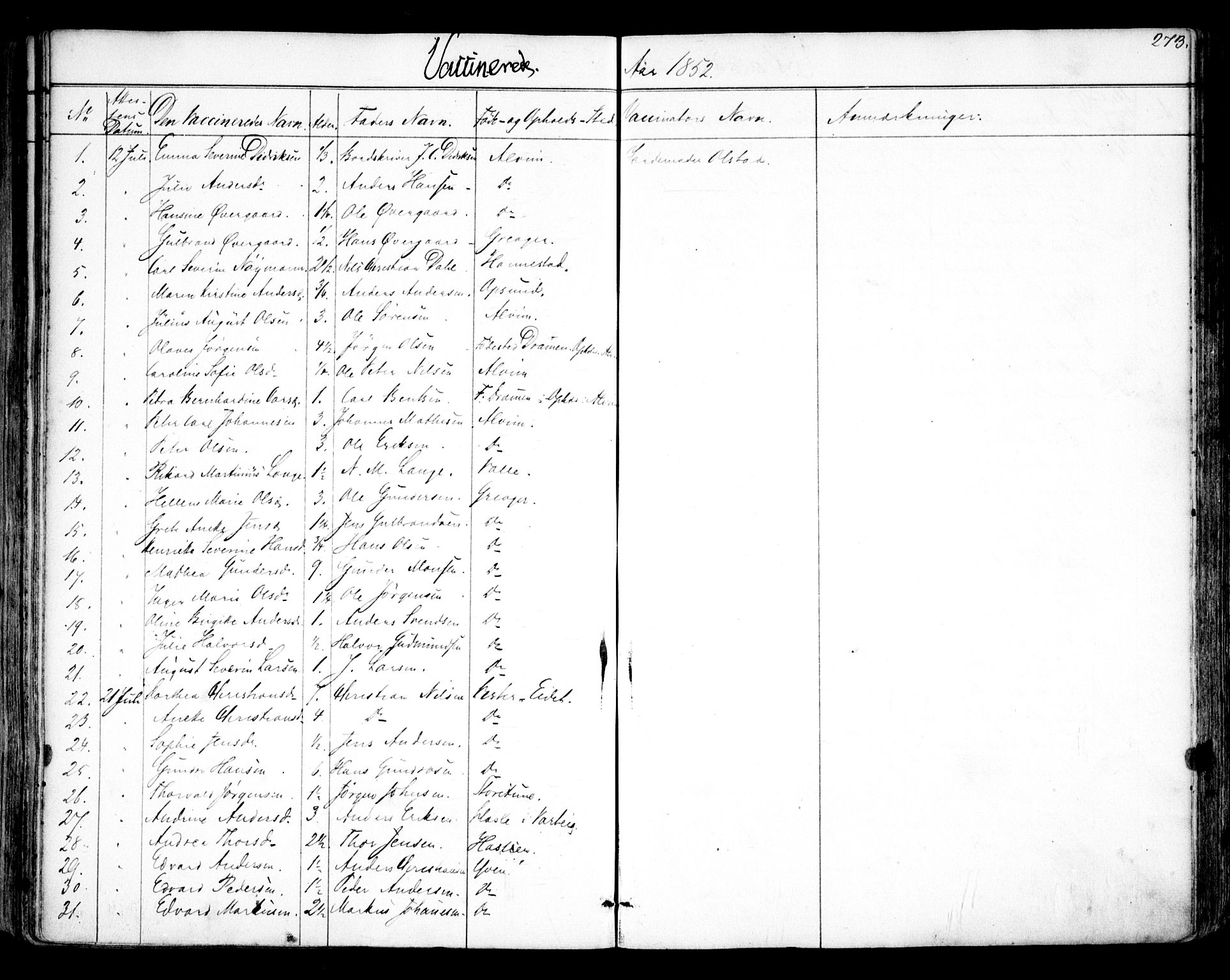 Tune prestekontor Kirkebøker, SAO/A-2007/F/Fa/L0011: Parish register (official) no. 11, 1852-1856, p. 273