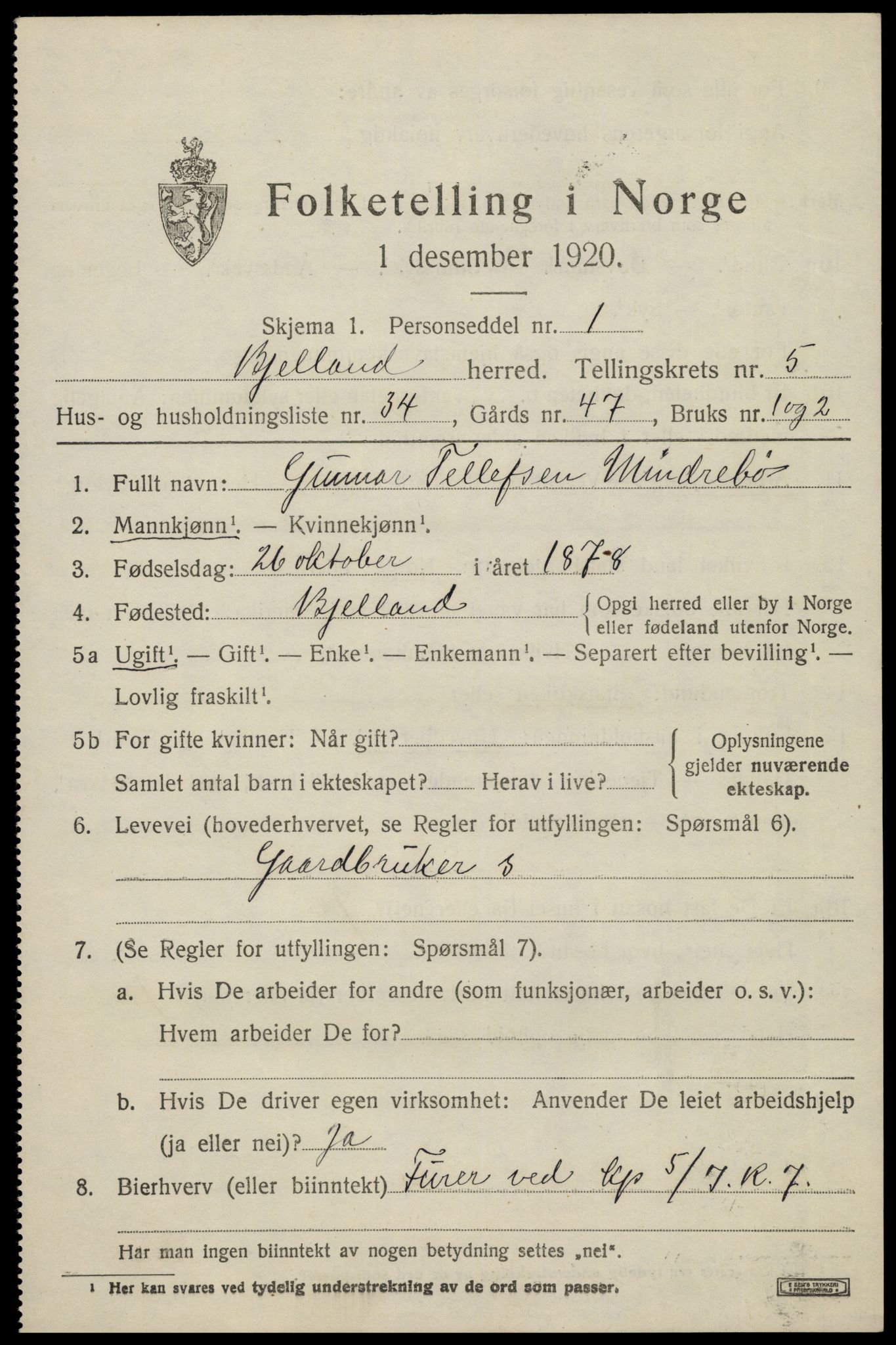 SAK, 1920 census for Bjelland, 1920, p. 1809