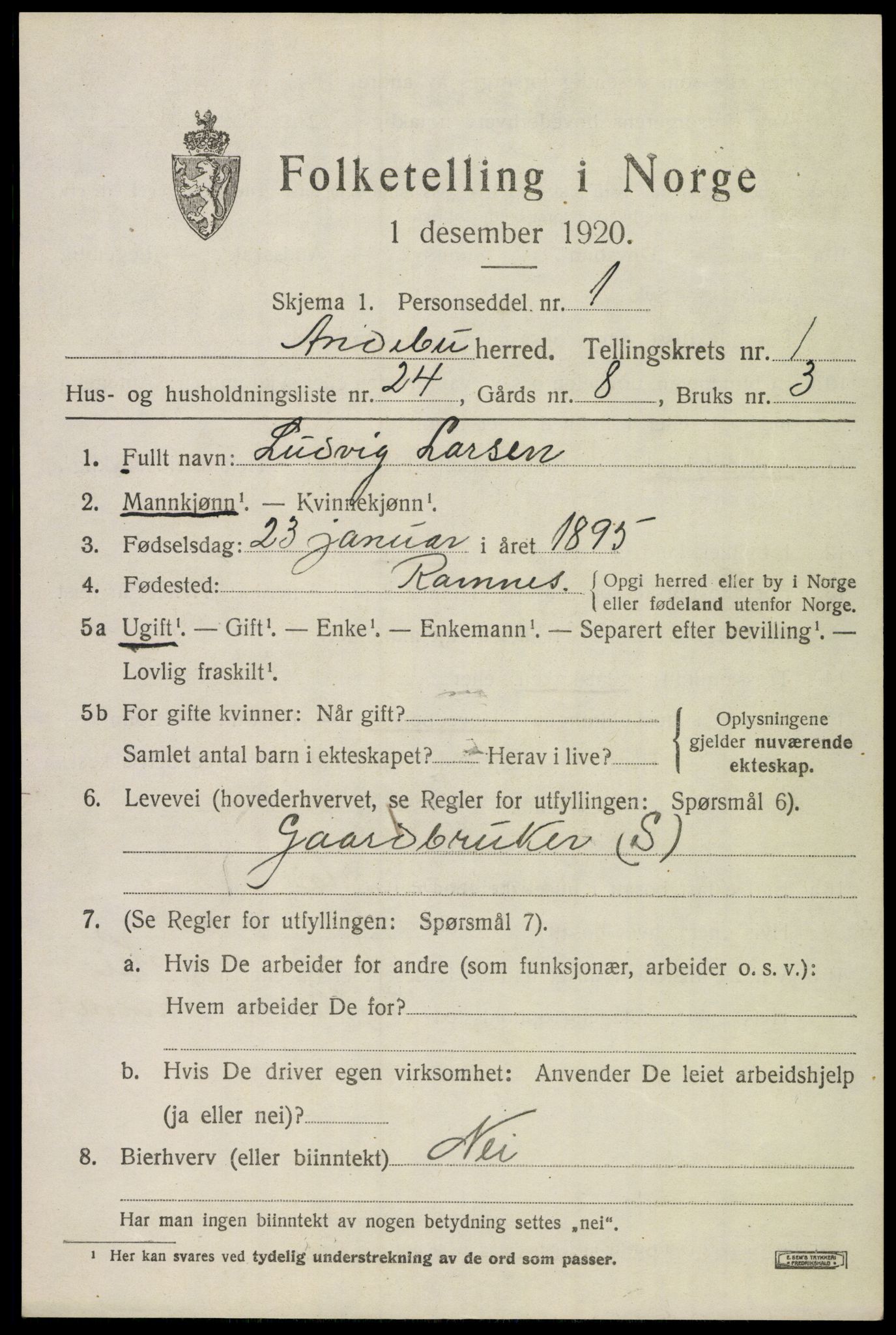 SAKO, 1920 census for Andebu, 1920, p. 1492