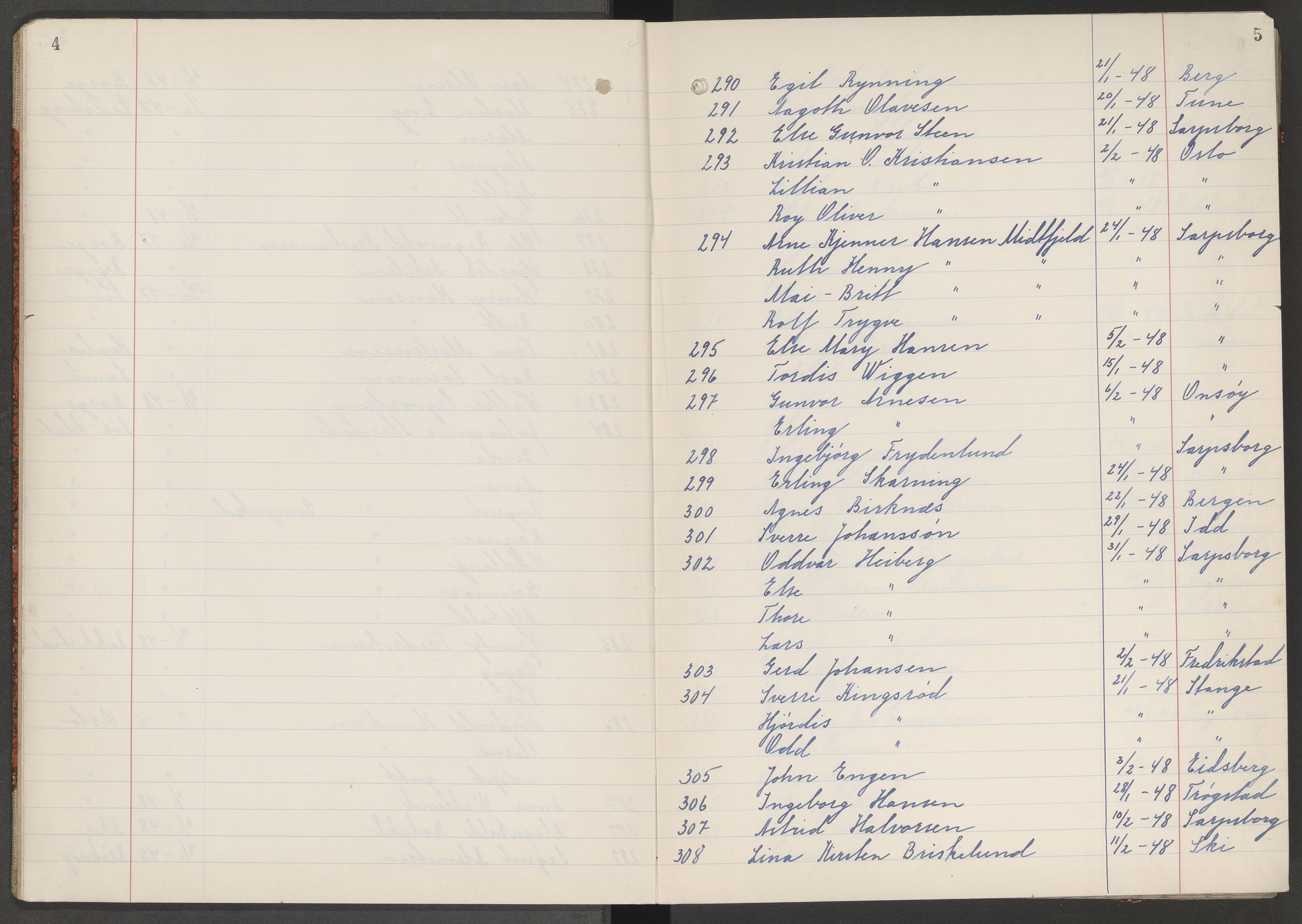 Skjeberg folkeregister, AV/SAO-A-10495/K/Ka/L0004: Fortegnelse over inn- og utflyttede, 1947-1950, p. 4-5