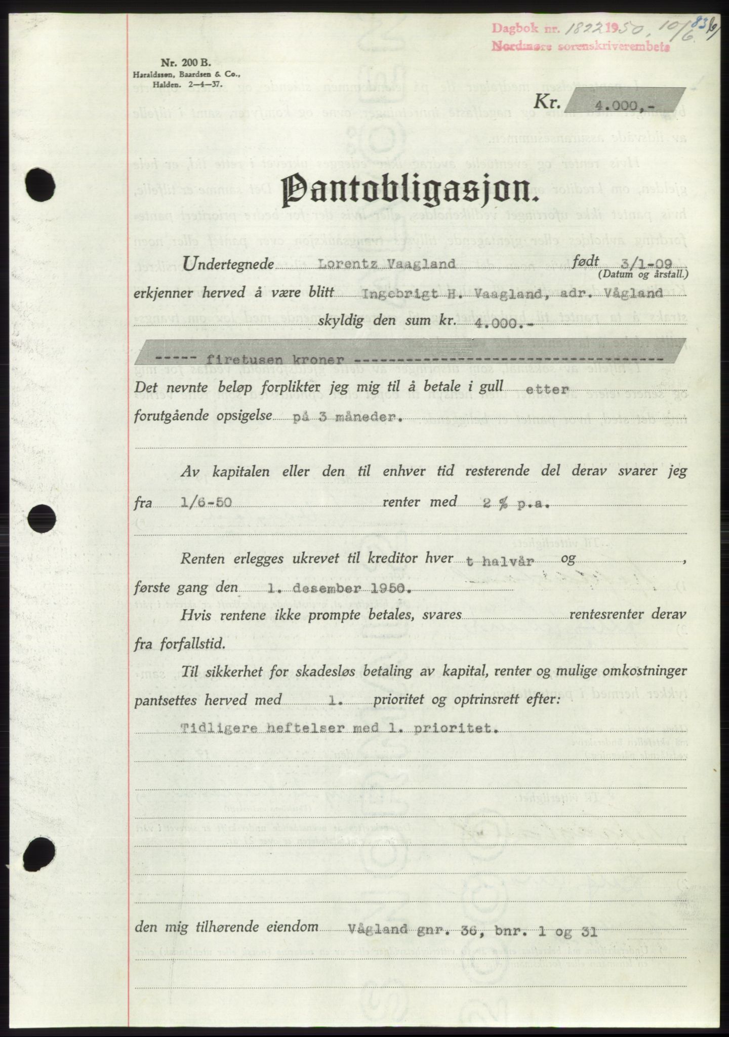 Nordmøre sorenskriveri, AV/SAT-A-4132/1/2/2Ca: Mortgage book no. B105, 1950-1950, Diary no: : 1822/1950