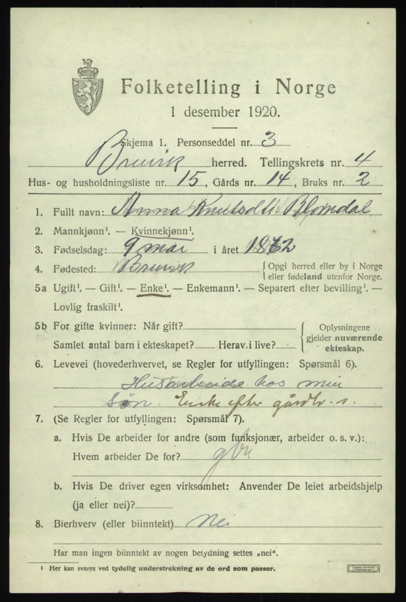 SAB, 1920 census for Bruvik, 1920, p. 2624