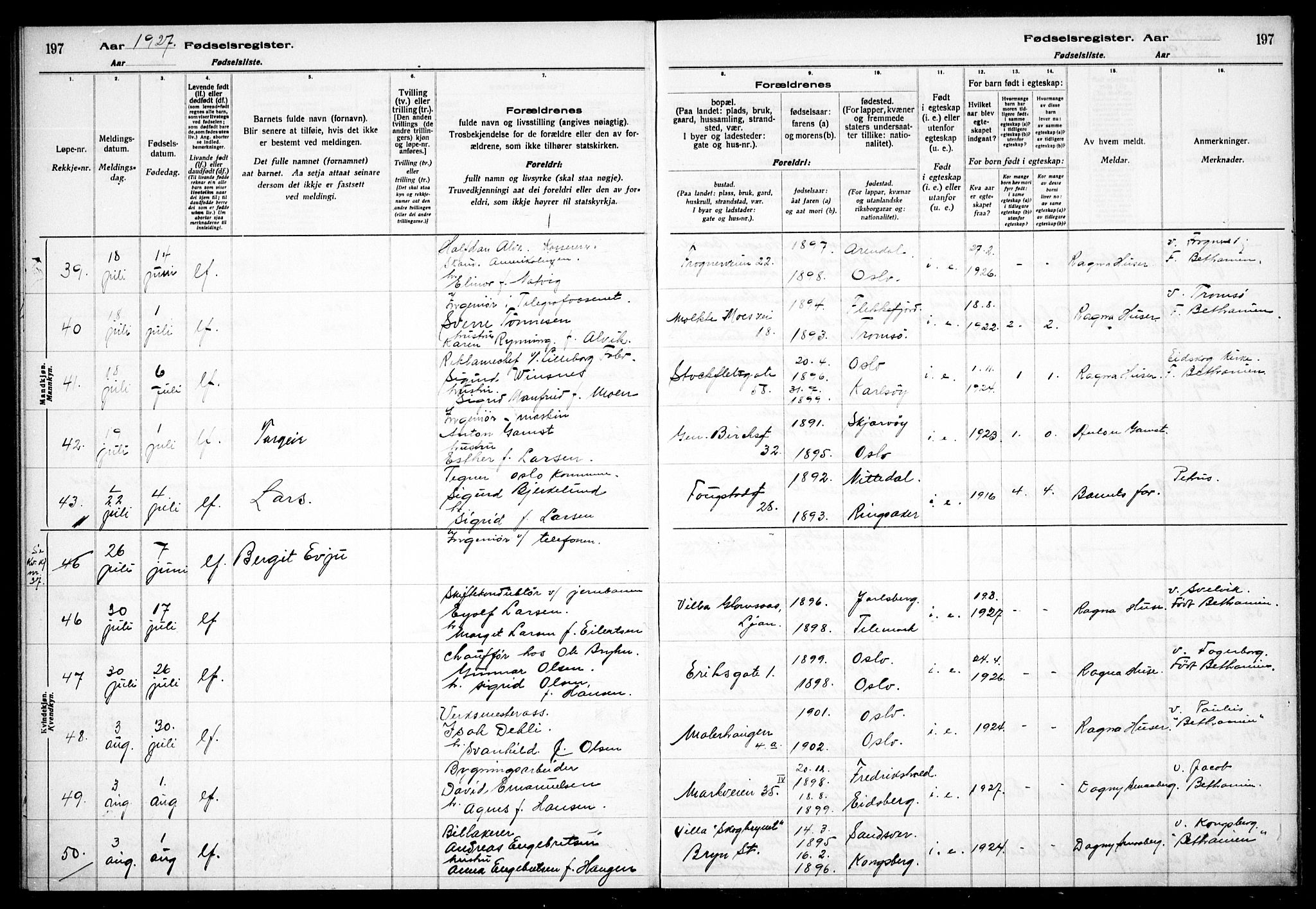 Gamle Aker prestekontor Kirkebøker, AV/SAO-A-10617a/J/L0001: Birth register no. 1, 1916-1927, p. 197