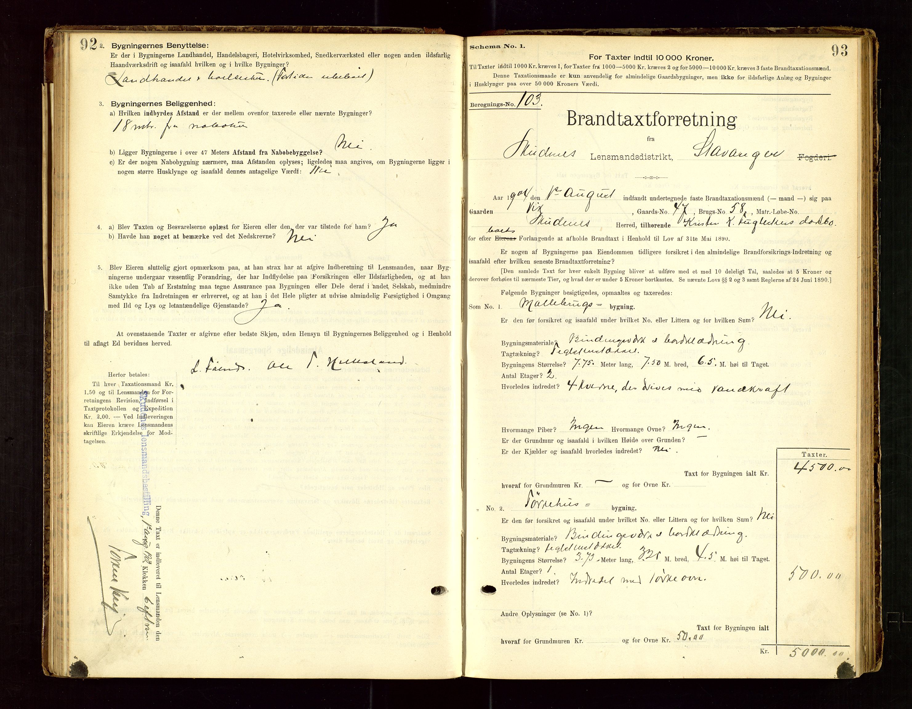 Skudenes lensmannskontor, SAST/A-100444/Gob/L0001: "Brandtaxationsprotokoll", 1895-1924, p. 92-93