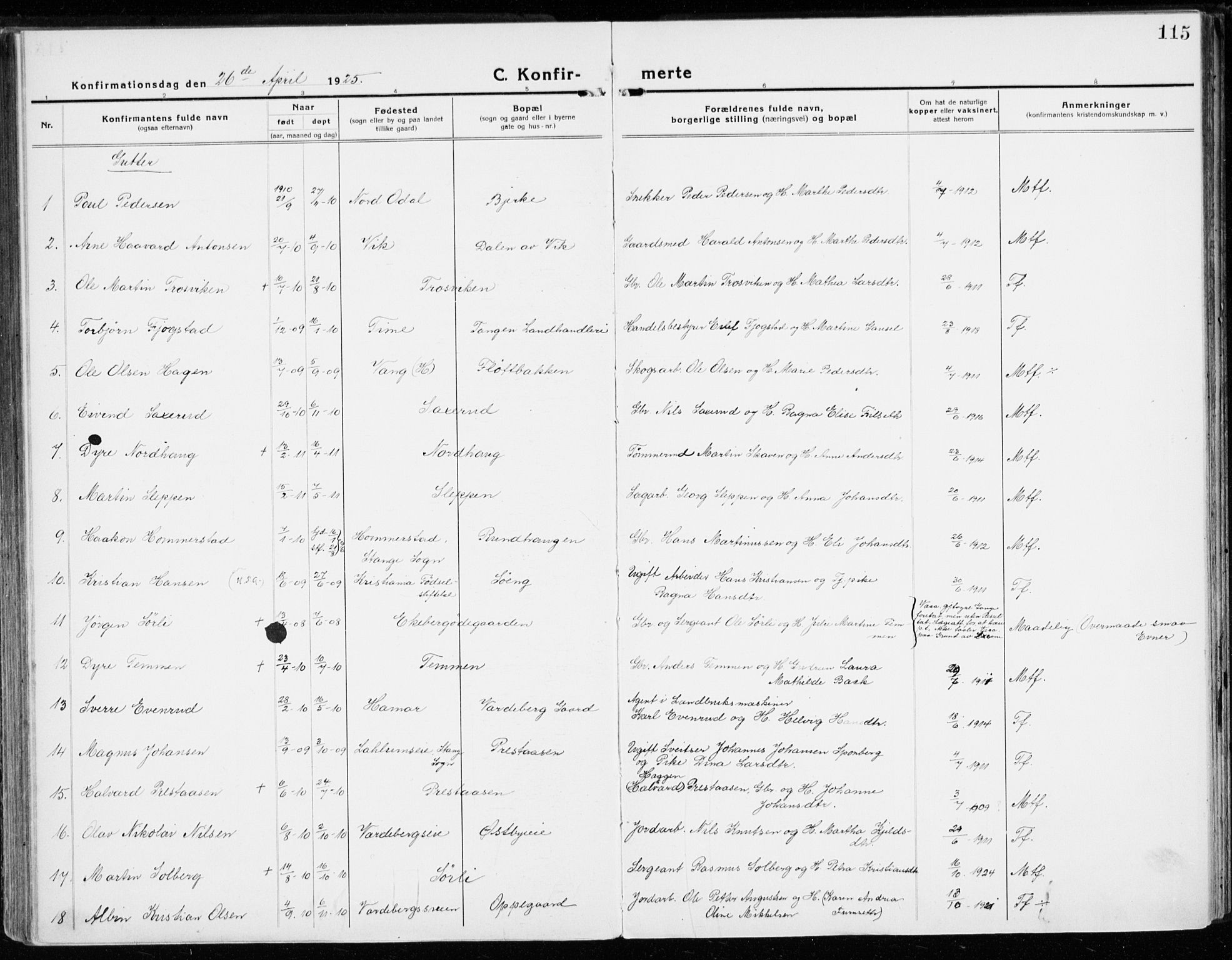 Stange prestekontor, AV/SAH-PREST-002/K/L0025: Parish register (official) no. 25, 1921-1945, p. 115