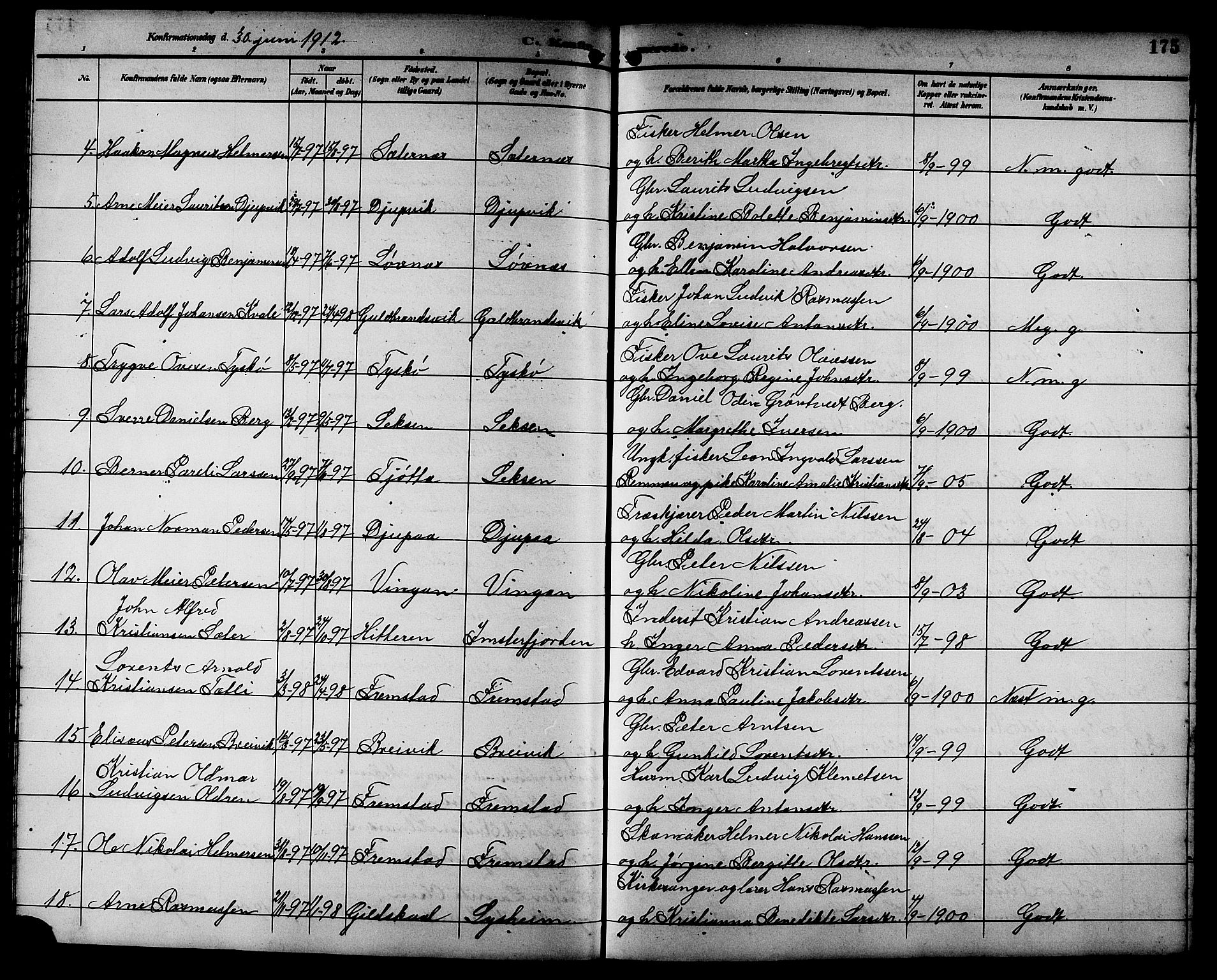 Ministerialprotokoller, klokkerbøker og fødselsregistre - Sør-Trøndelag, SAT/A-1456/662/L0757: Parish register (copy) no. 662C02, 1892-1918, p. 175