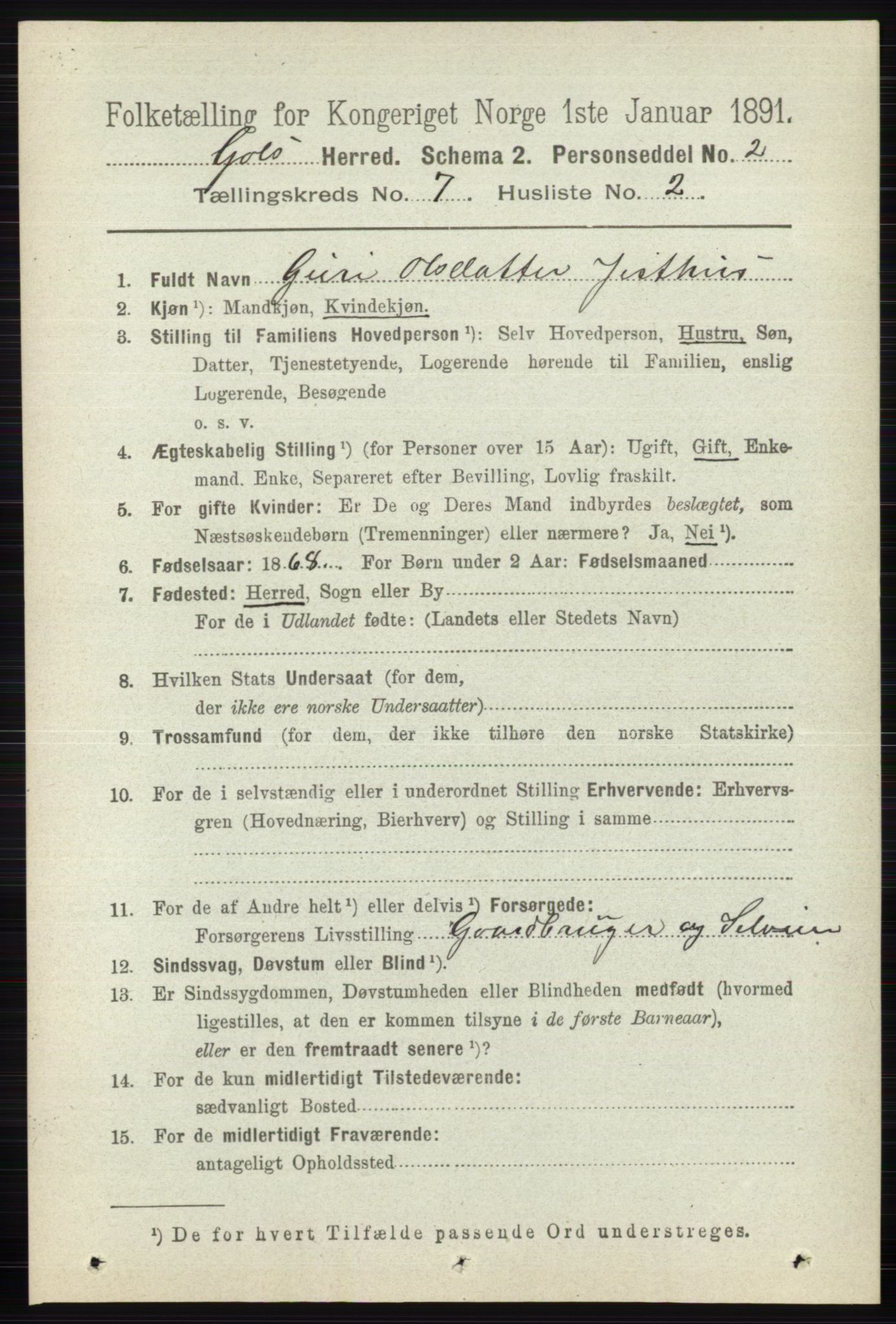 RA, 1891 census for 0617 Gol og Hemsedal, 1891, p. 2809