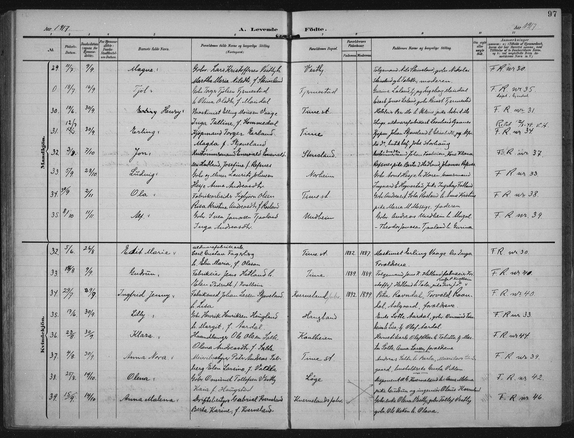 Lye sokneprestkontor, AV/SAST-A-101794/002/A/L0001: Parish register (official) no. A 12, 1904-1920, p. 97