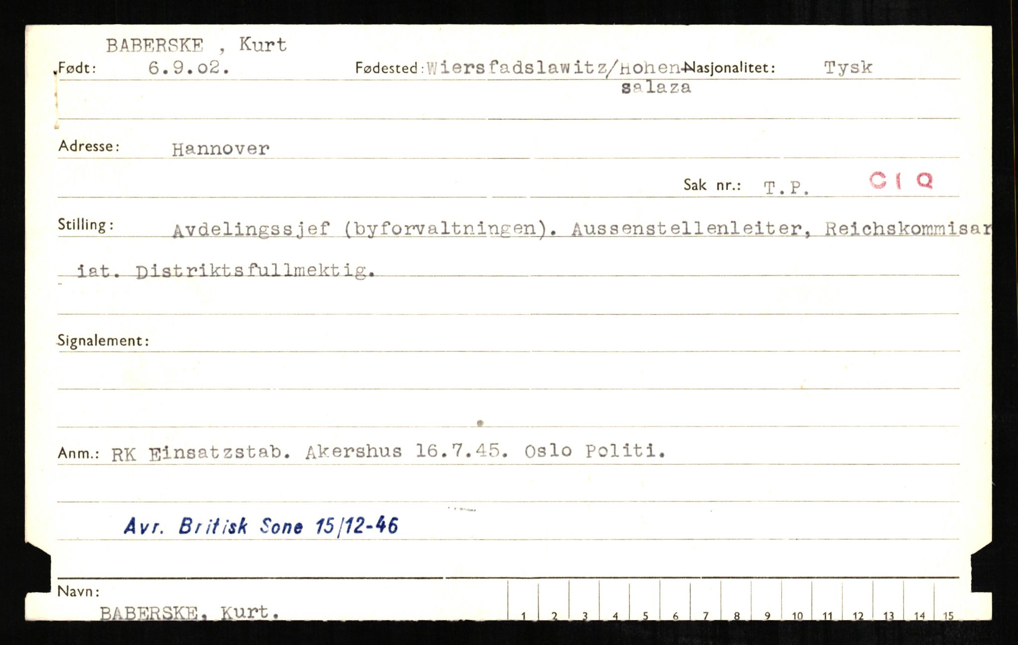 Forsvaret, Forsvarets overkommando II, AV/RA-RAFA-3915/D/Db/L0001: CI Questionaires. Tyske okkupasjonsstyrker i Norge. Tyskere., 1945-1946, p. 466