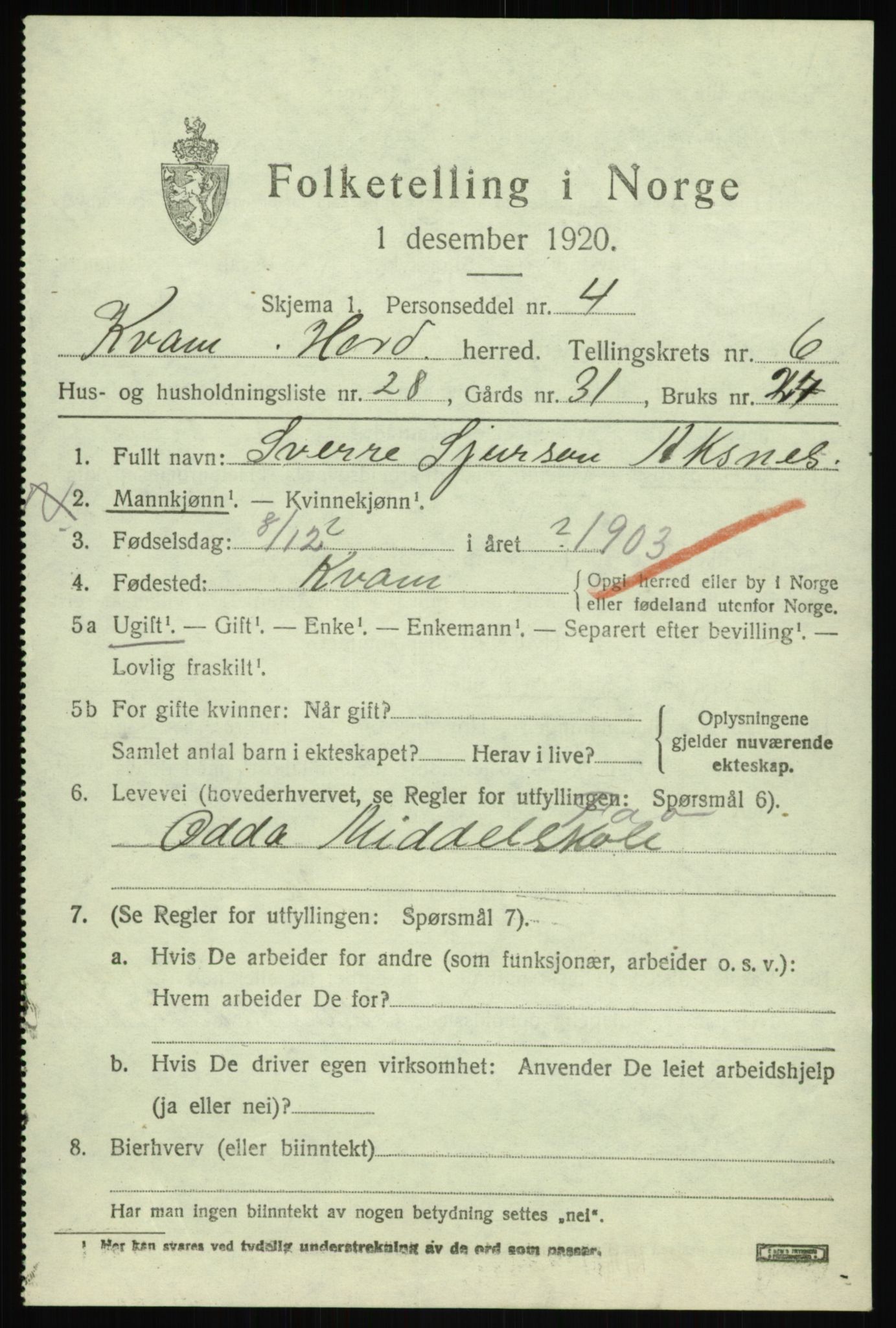 SAB, 1920 census for Kvam, 1920, p. 4683