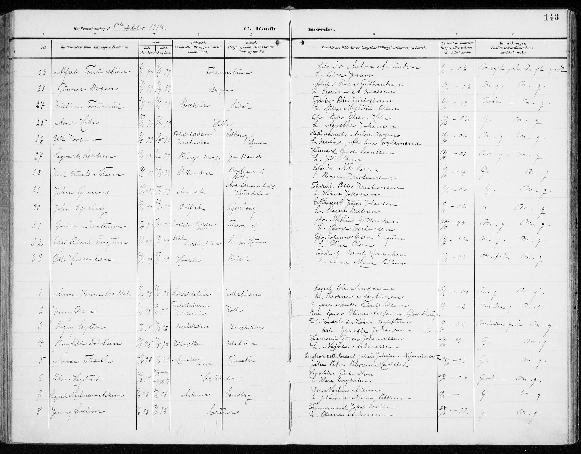 Vardal prestekontor, AV/SAH-PREST-100/H/Ha/Haa/L0016: Parish register (official) no. 16, 1904-1916, p. 143