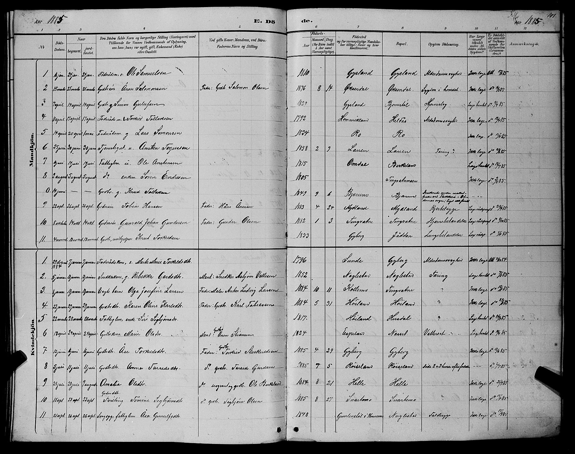 Hægebostad sokneprestkontor, SAK/1111-0024/F/Fb/Fba/L0003: Parish register (copy) no. B 3, 1883-1896, p. 101