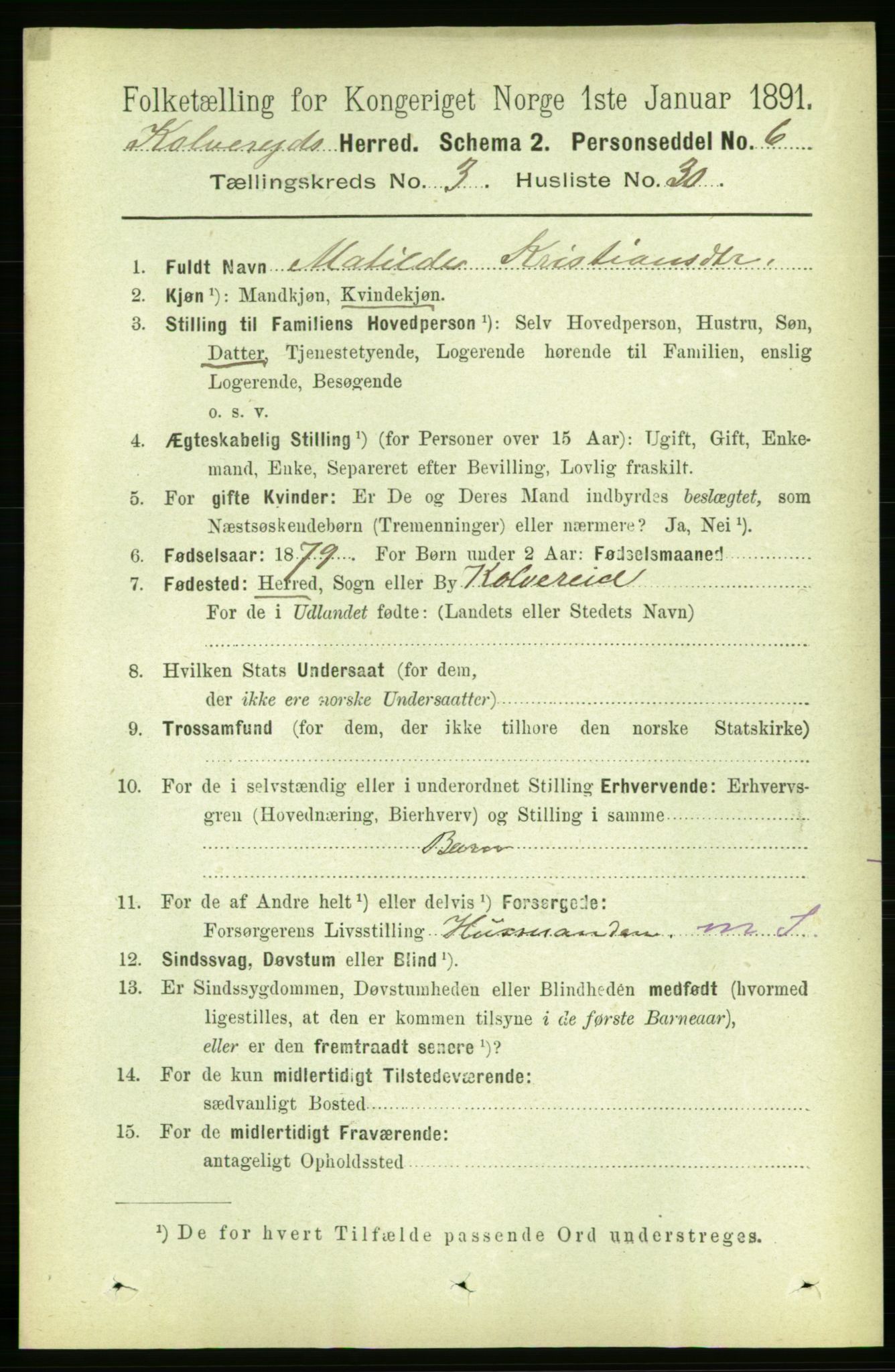 RA, 1891 census for 1752 Kolvereid, 1891, p. 1058