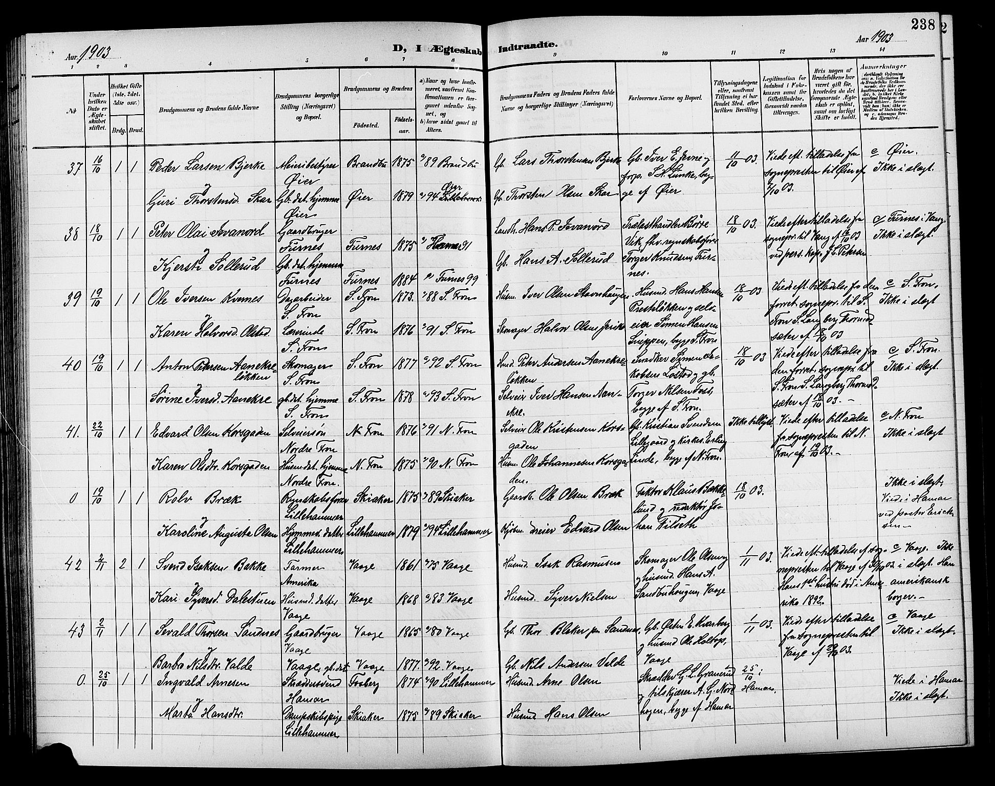 Lillehammer prestekontor, AV/SAH-PREST-088/H/Ha/Hab/L0001: Parish register (copy) no. 1, 1901-1913, p. 238