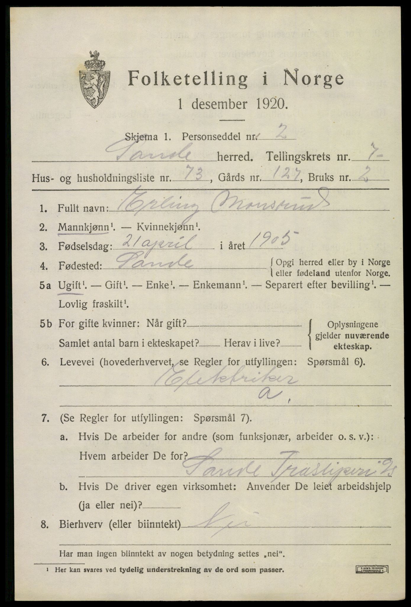 SAKO, 1920 census for Sande, 1920, p. 8952