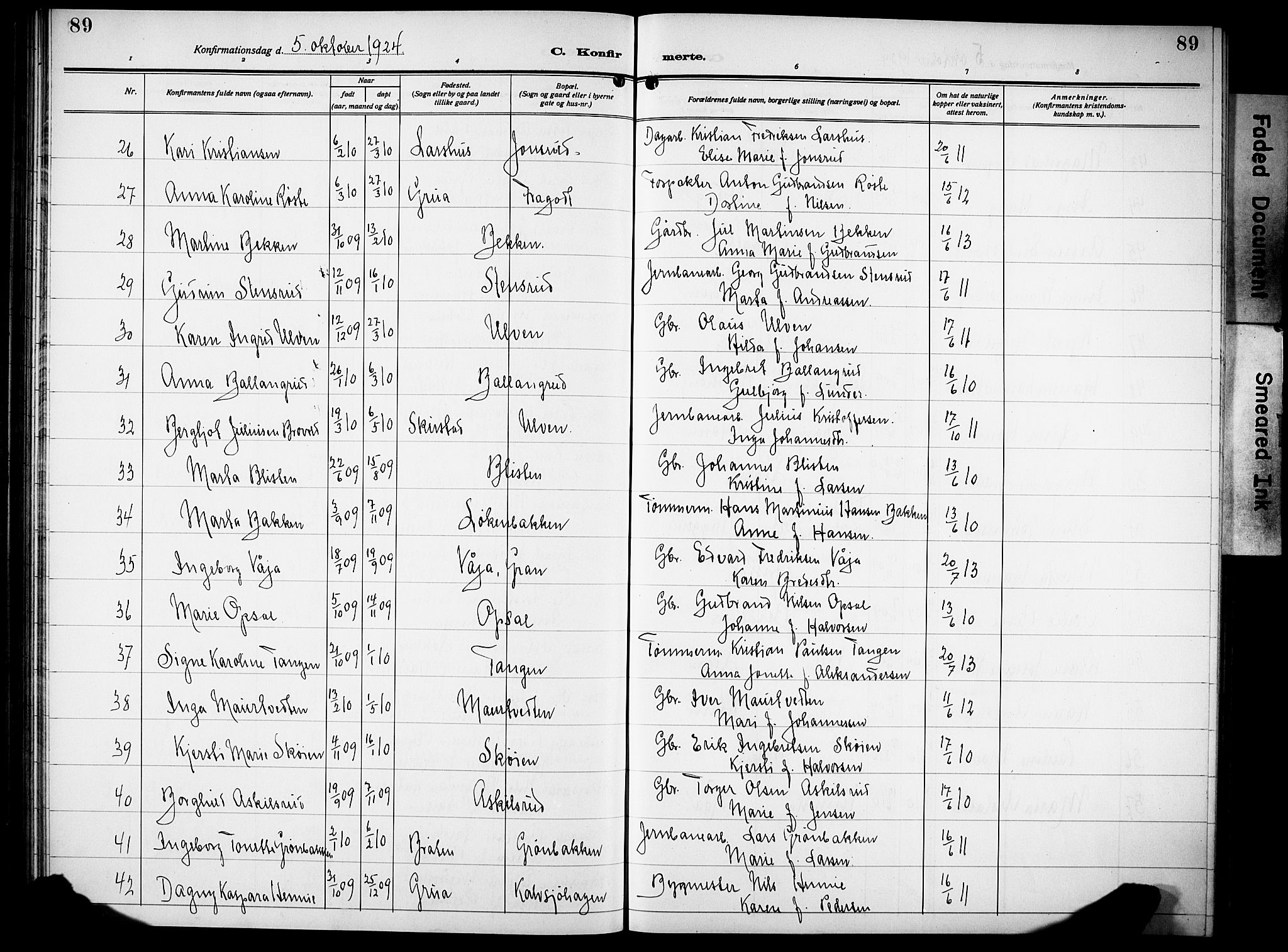 Lunner prestekontor, SAH/PREST-118/H/Ha/Hab/L0002: Parish register (copy) no. 2, 1923-1933, p. 89