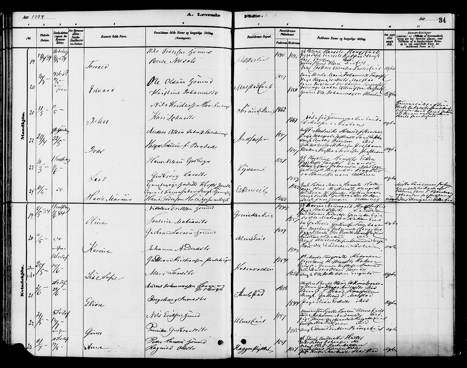 Gran prestekontor, SAH/PREST-112/H/Ha/Haa/L0016: Parish register (official) no. 16, 1880-1888, p. 34