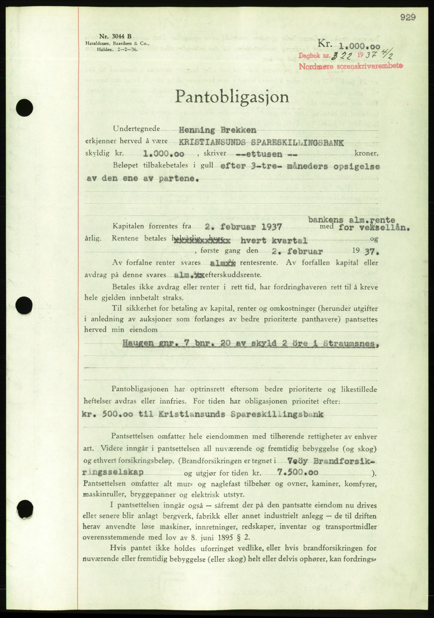 Nordmøre sorenskriveri, AV/SAT-A-4132/1/2/2Ca/L0090: Mortgage book no. B80, 1936-1937, Diary no: : 322/1937