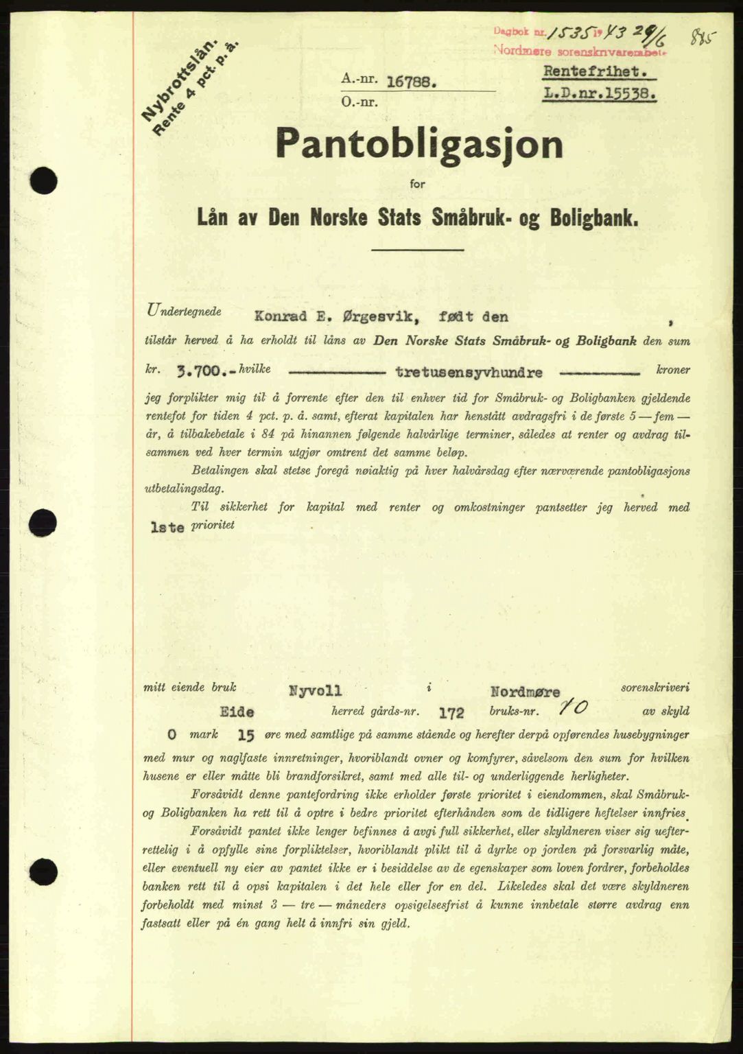 Nordmøre sorenskriveri, AV/SAT-A-4132/1/2/2Ca: Mortgage book no. B90, 1942-1943, Diary no: : 1535/1943