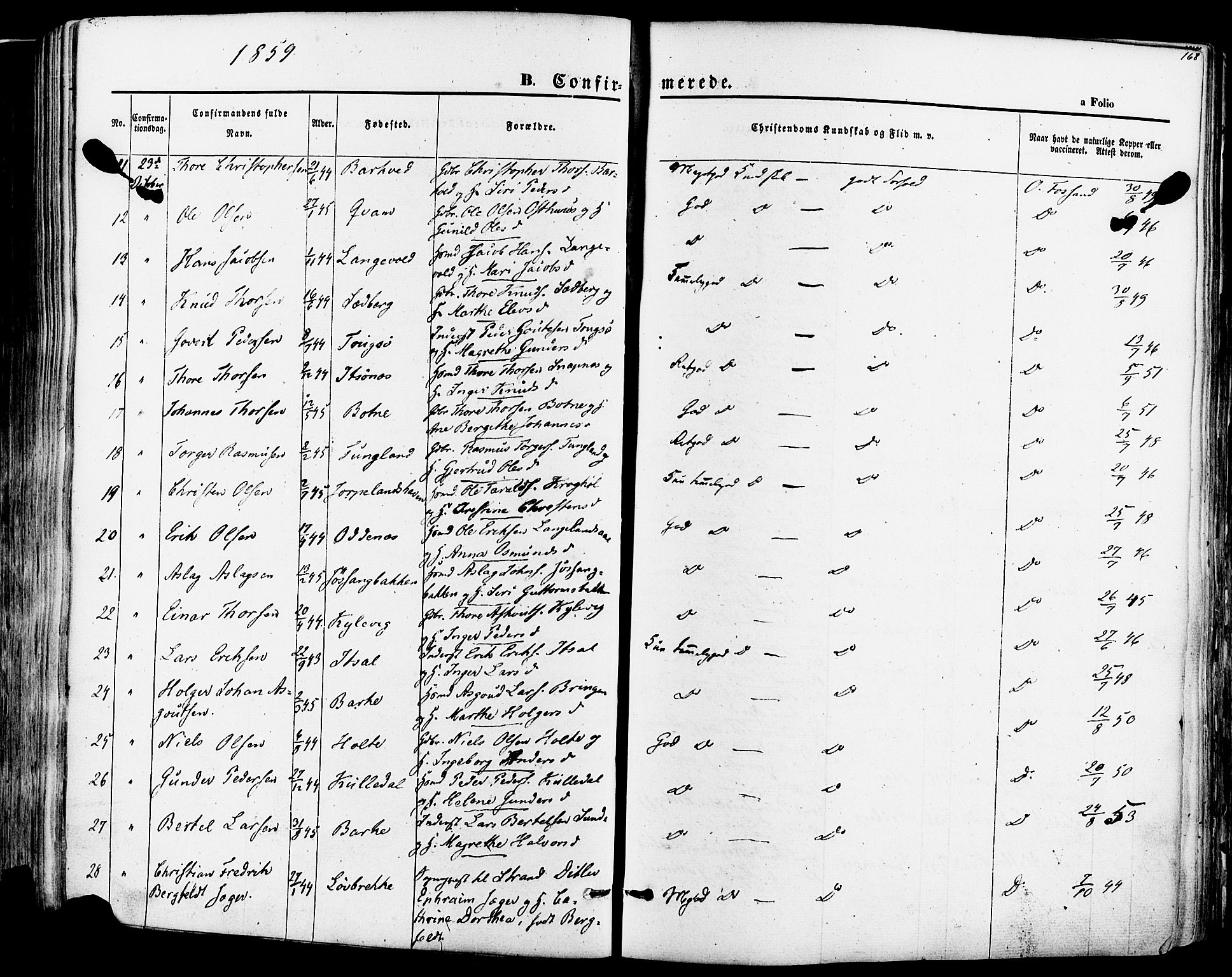 Strand sokneprestkontor, AV/SAST-A-101828/H/Ha/Haa/L0007: Parish register (official) no. A 7, 1855-1881, p. 168