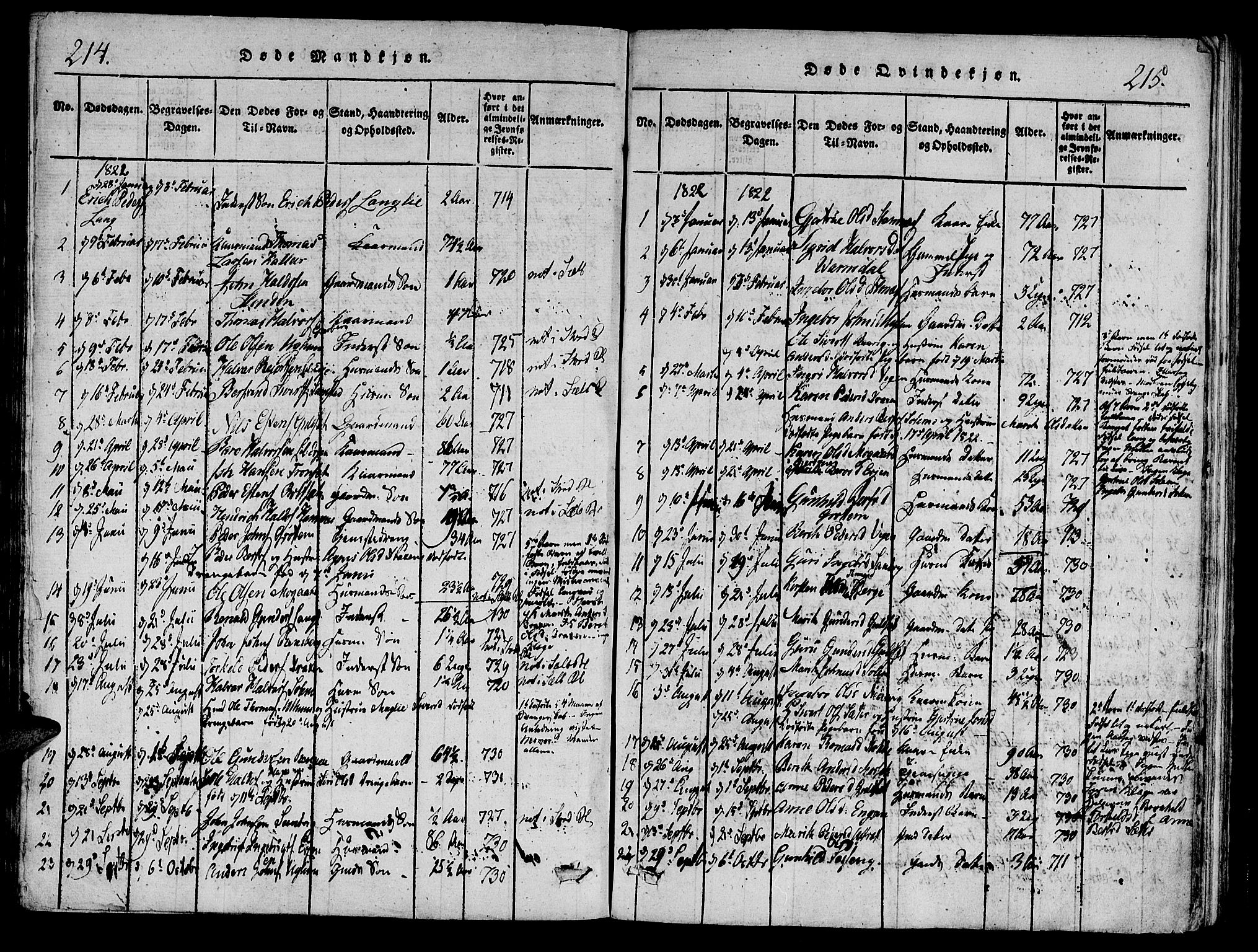 Ministerialprotokoller, klokkerbøker og fødselsregistre - Sør-Trøndelag, AV/SAT-A-1456/695/L1141: Parish register (official) no. 695A04 /1, 1816-1824, p. 214-215