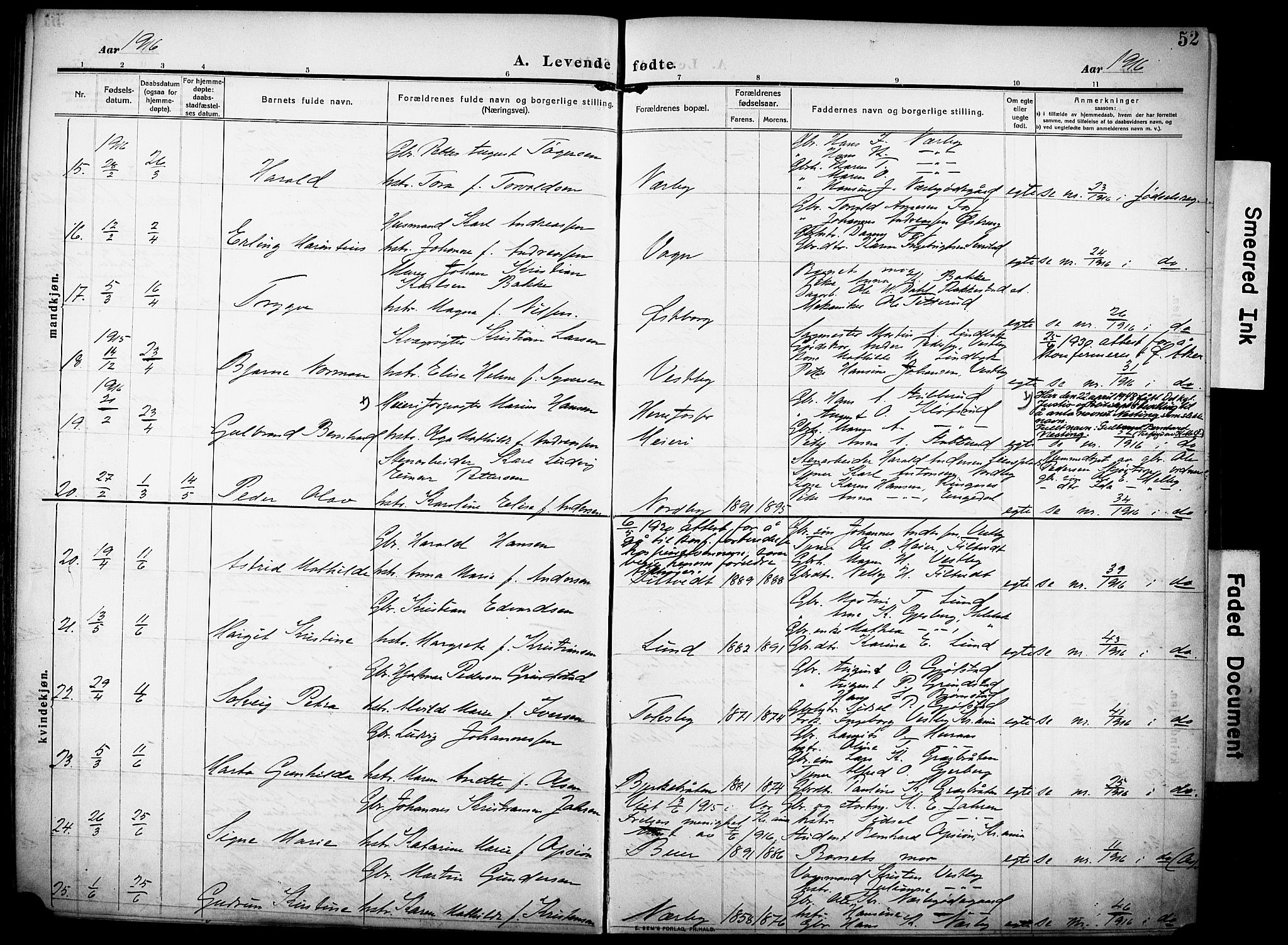 Rakkestad prestekontor Kirkebøker, AV/SAO-A-2008/F/Fa/L0015: Parish register (official) no. I 15, 1909-1922, p. 52