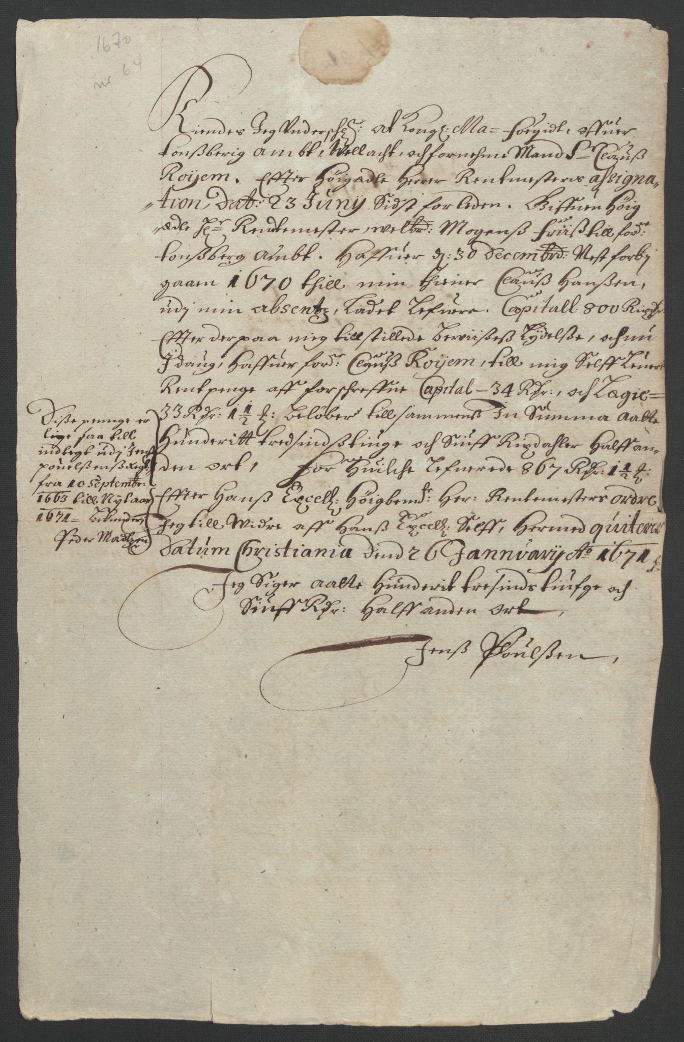 Rentekammeret inntil 1814, Reviderte regnskaper, Fogderegnskap, AV/RA-EA-4092/R32/L1842: Fogderegnskap Jarlsberg grevskap, 1664-1673, p. 159