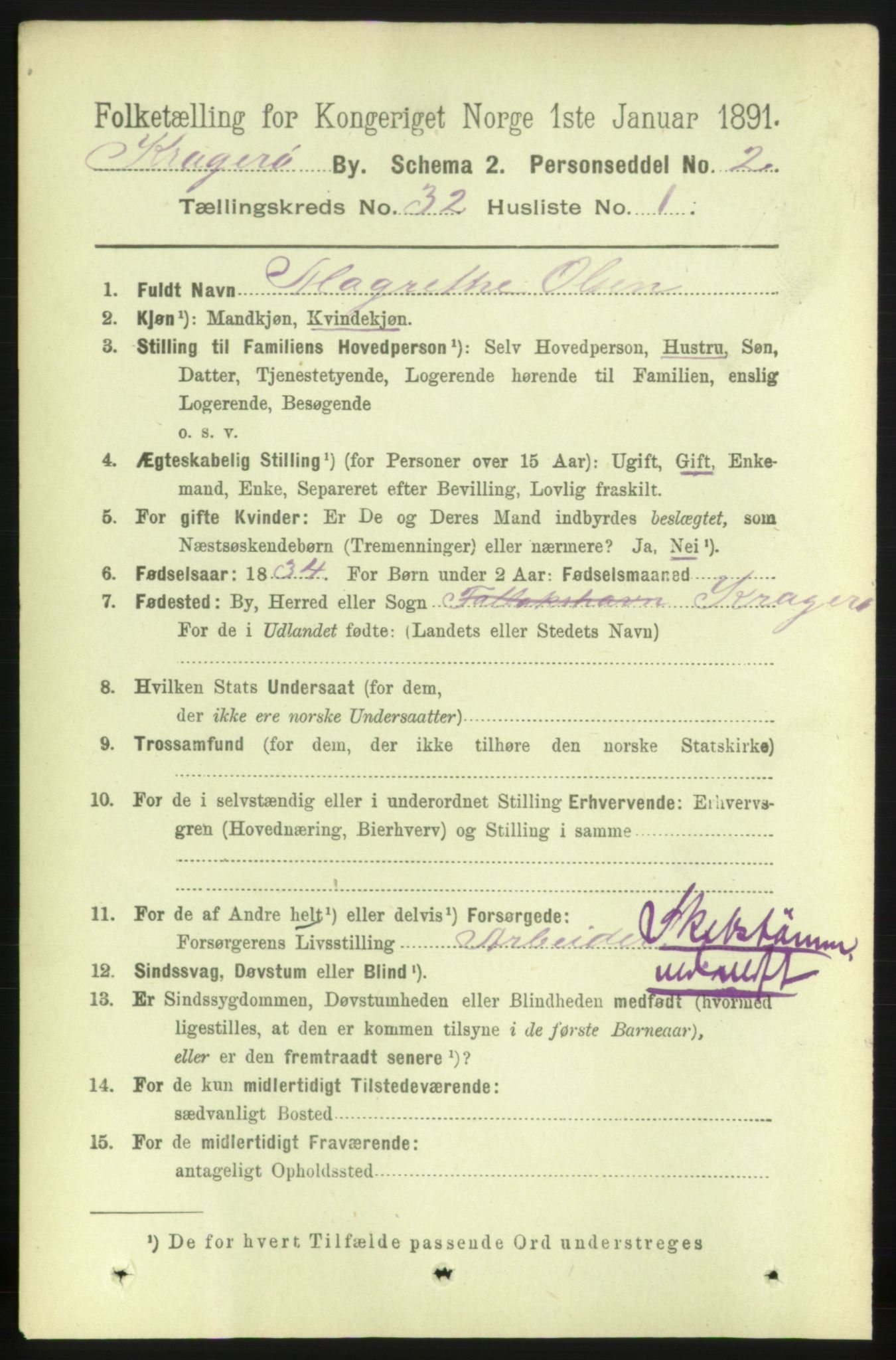 RA, 1891 census for 0801 Kragerø, 1891, p. 5788