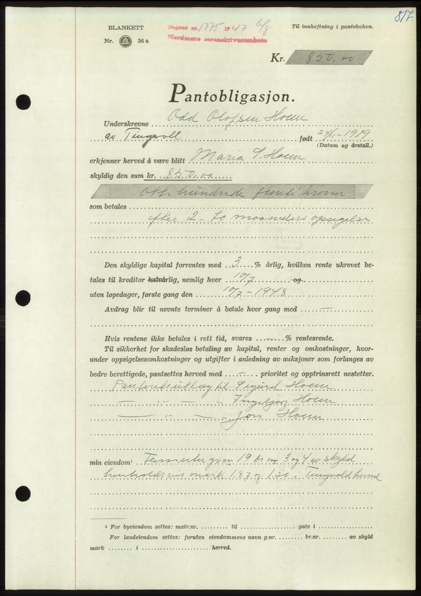 Nordmøre sorenskriveri, AV/SAT-A-4132/1/2/2Ca: Mortgage book no. B96, 1947-1947, Diary no: : 1775/1947