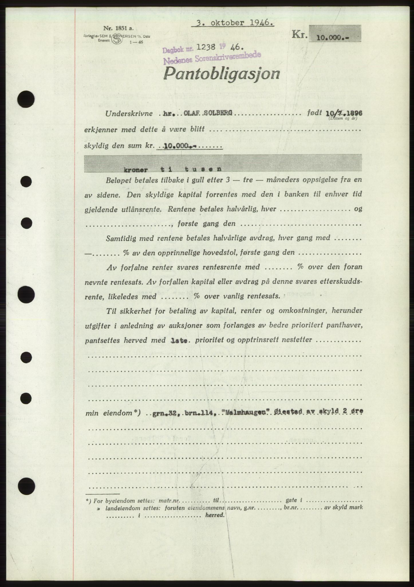 Nedenes sorenskriveri, SAK/1221-0006/G/Gb/Gbb/L0003: Mortgage book no. B3b, 1946-1946, Diary no: : 1238/1946