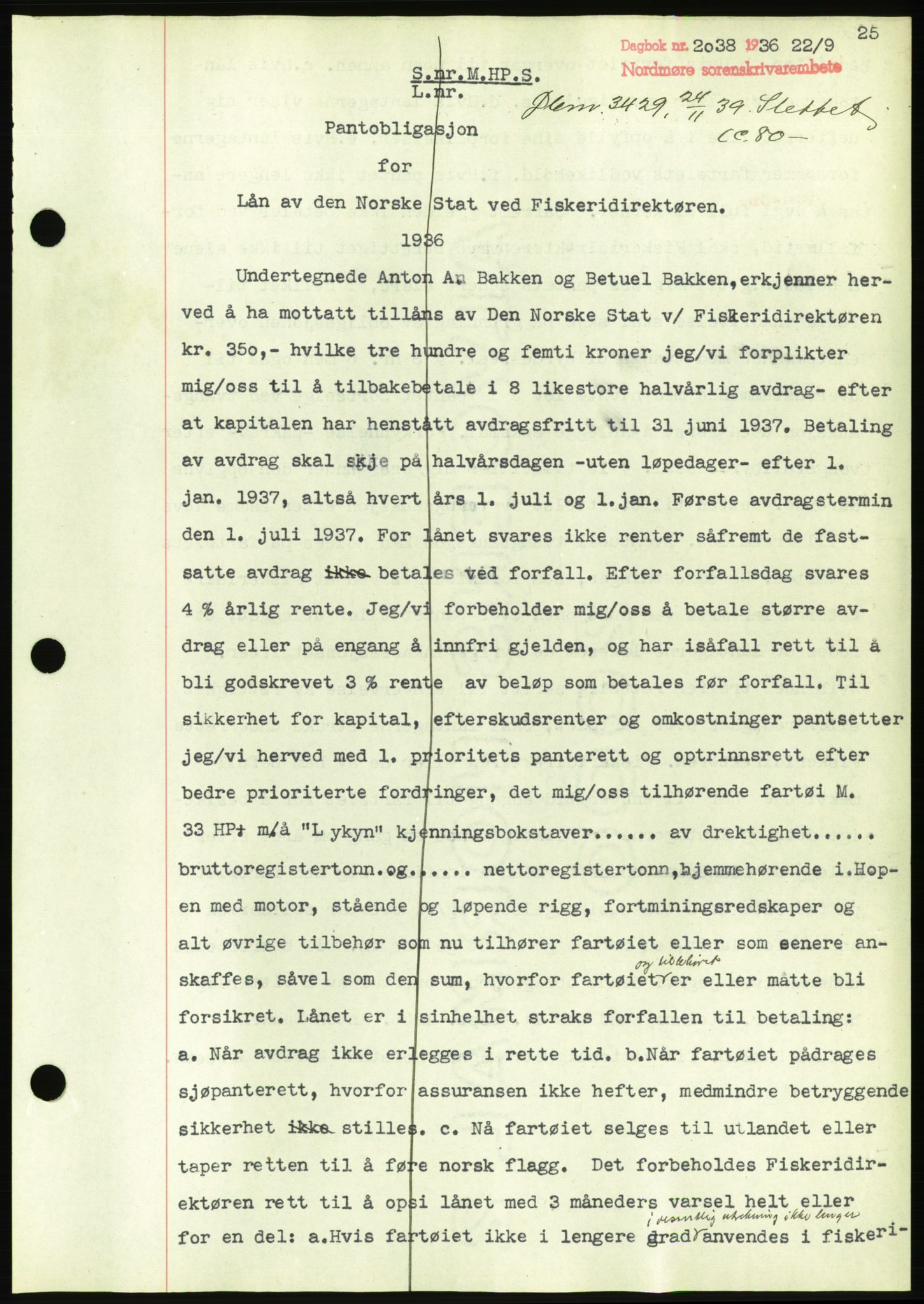 Nordmøre sorenskriveri, AV/SAT-A-4132/1/2/2Ca/L0090: Mortgage book no. B80, 1936-1937, Diary no: : 2038/1936