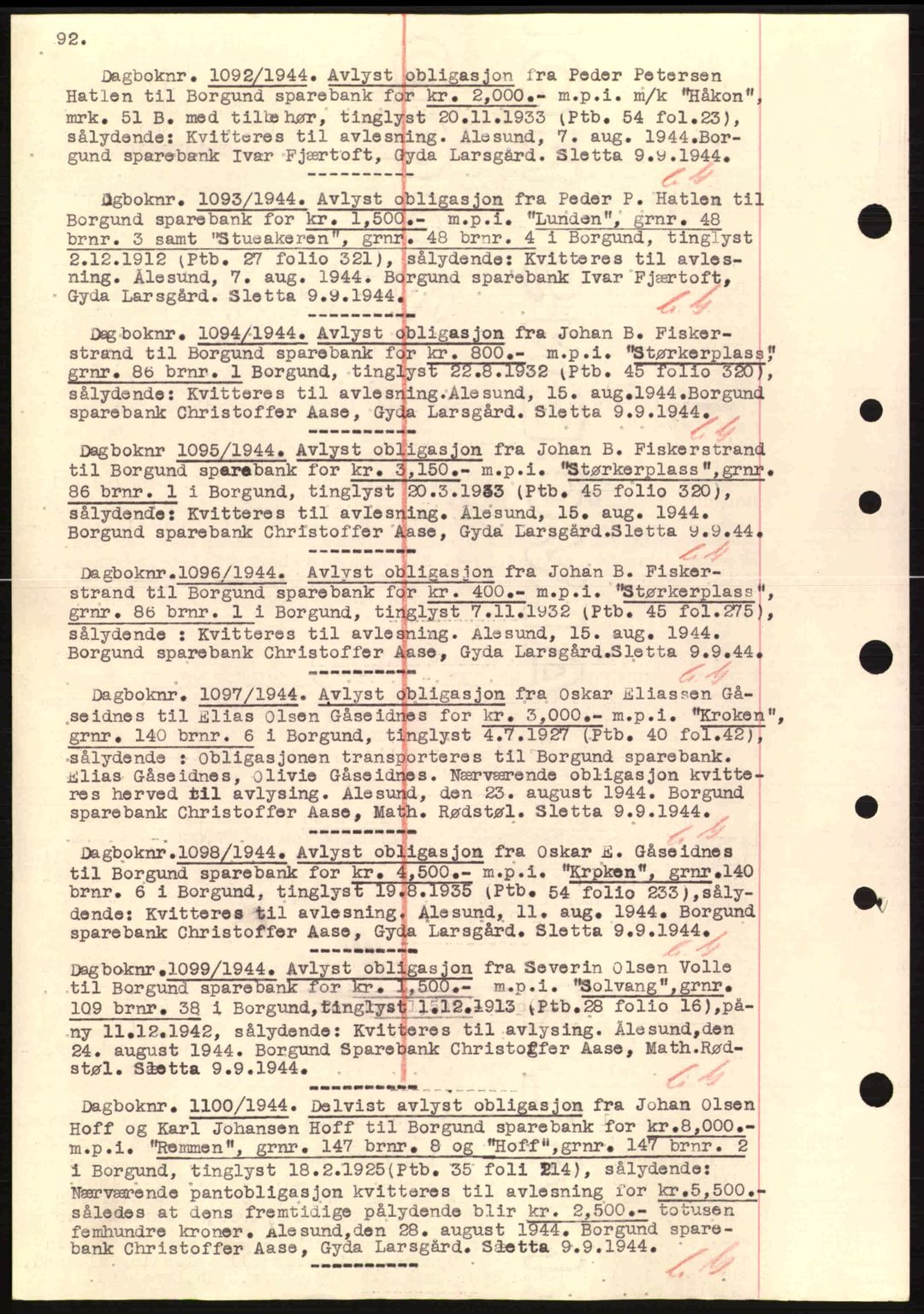 Nordre Sunnmøre sorenskriveri, SAT/A-0006/1/2/2C/2Ca: Mortgage book no. B1-6, 1938-1942, Diary no: : 1092/1944
