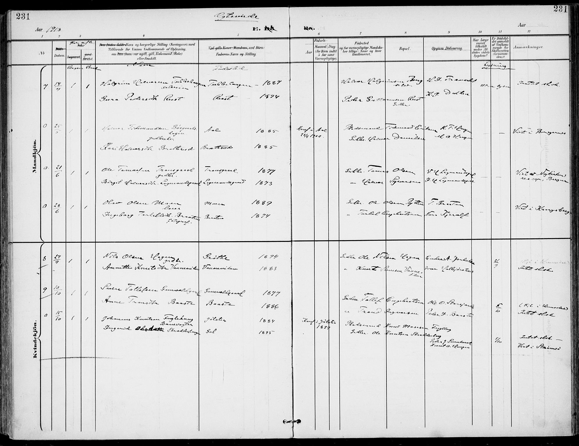 Gol kirkebøker, SAKO/A-226/F/Fa/L0006: Parish register (official) no. I 6, 1901-1918, p. 231